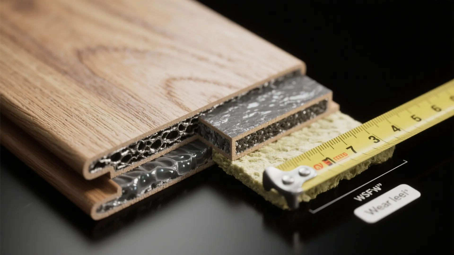 Cross-section close-up of grey laminate plank showing wear layer and moisture-barrier underlayment.