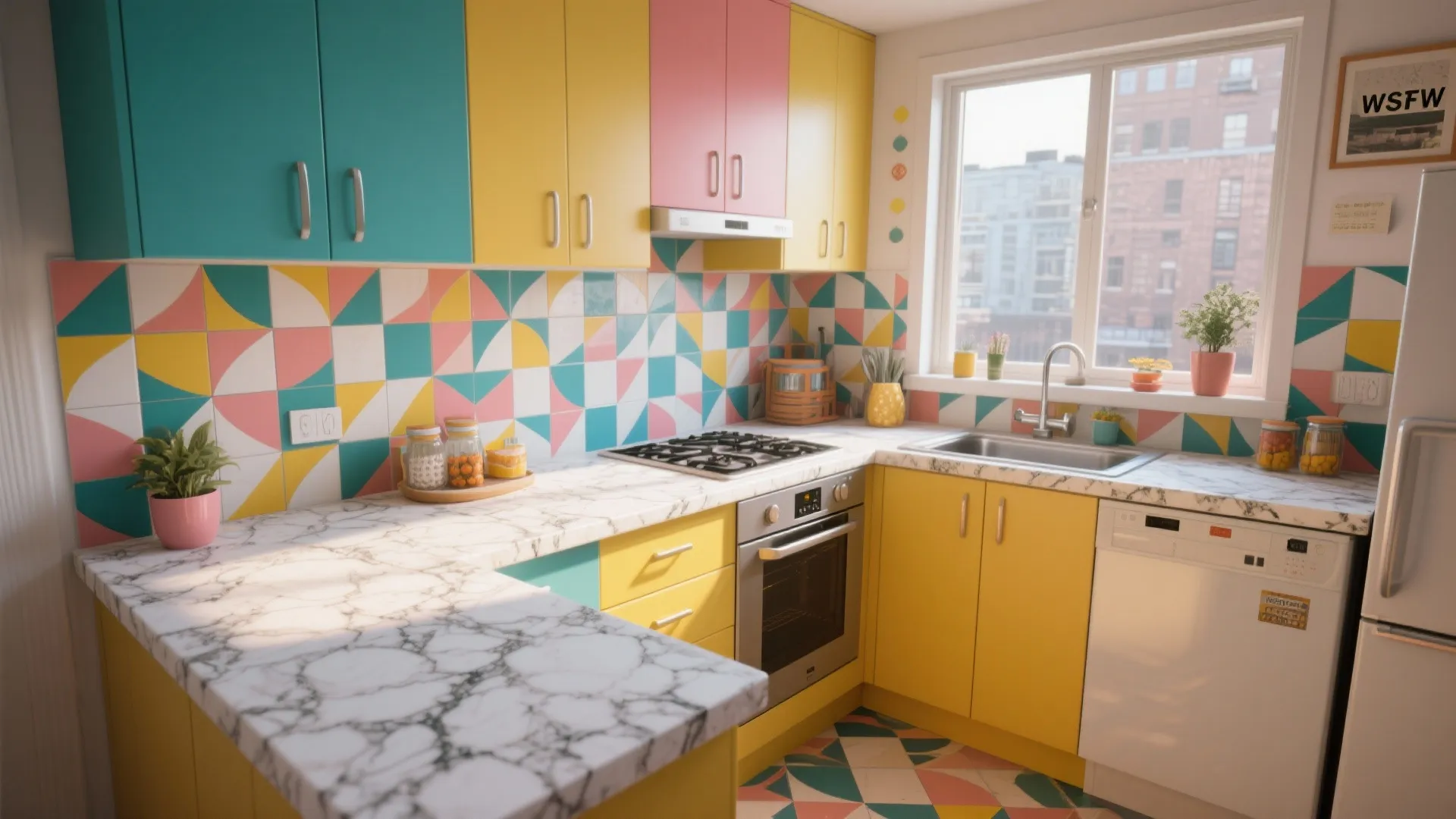 Bright kitchen featuring yellow pink teal cabinets with colorful geometric wall tiles and marble countertop