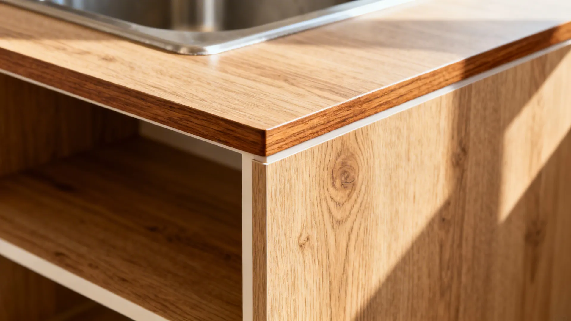 Detail shot of light wood cabinet finishes and a kitchen sink under warm and natural sunlight