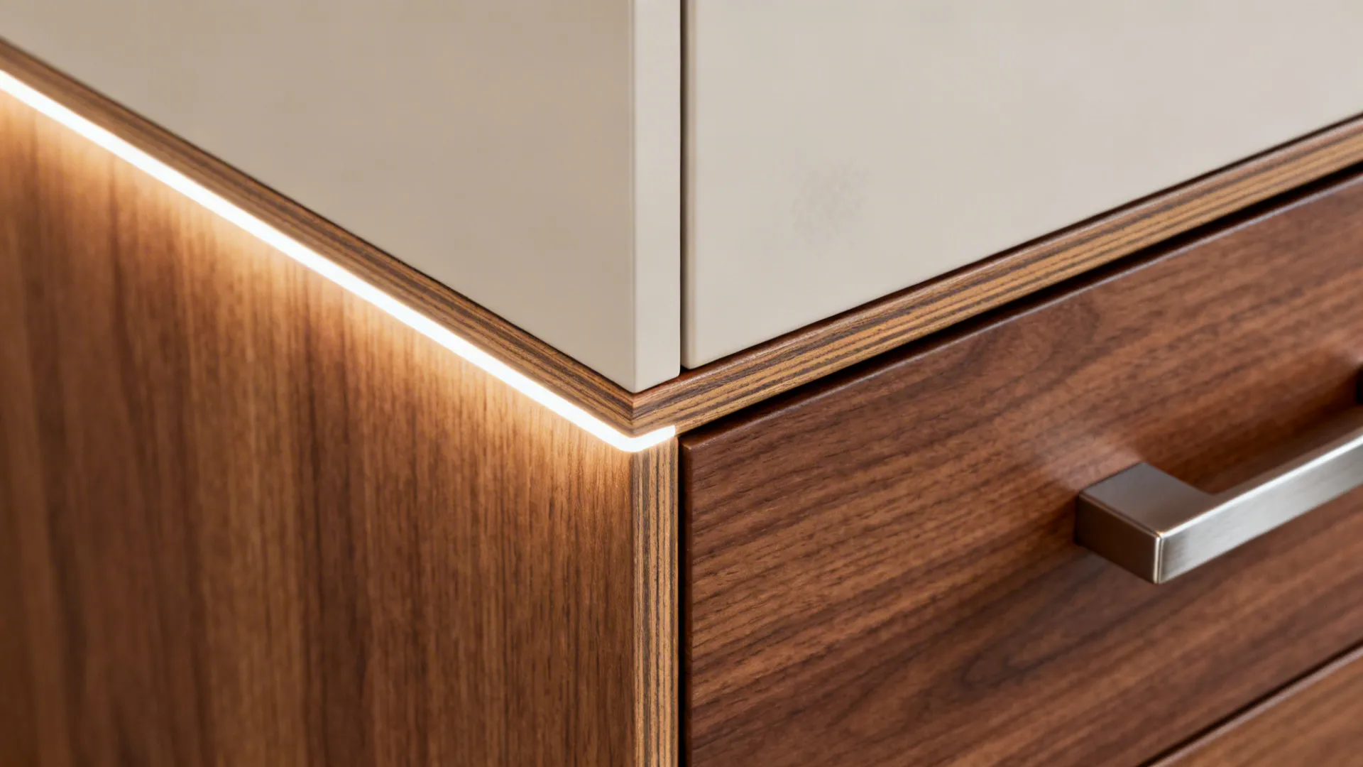 1) Minimalist matte laminate uppers with warm wood base cabinets