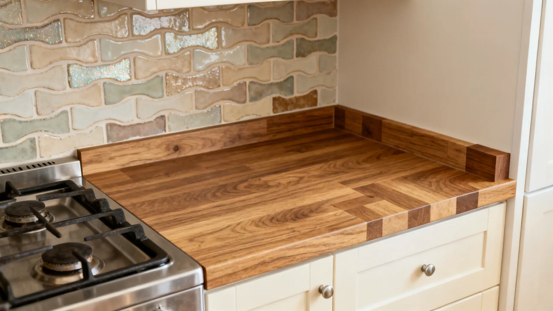 Wood-look laminate countertop with a zellige tile accent panel behind the range.