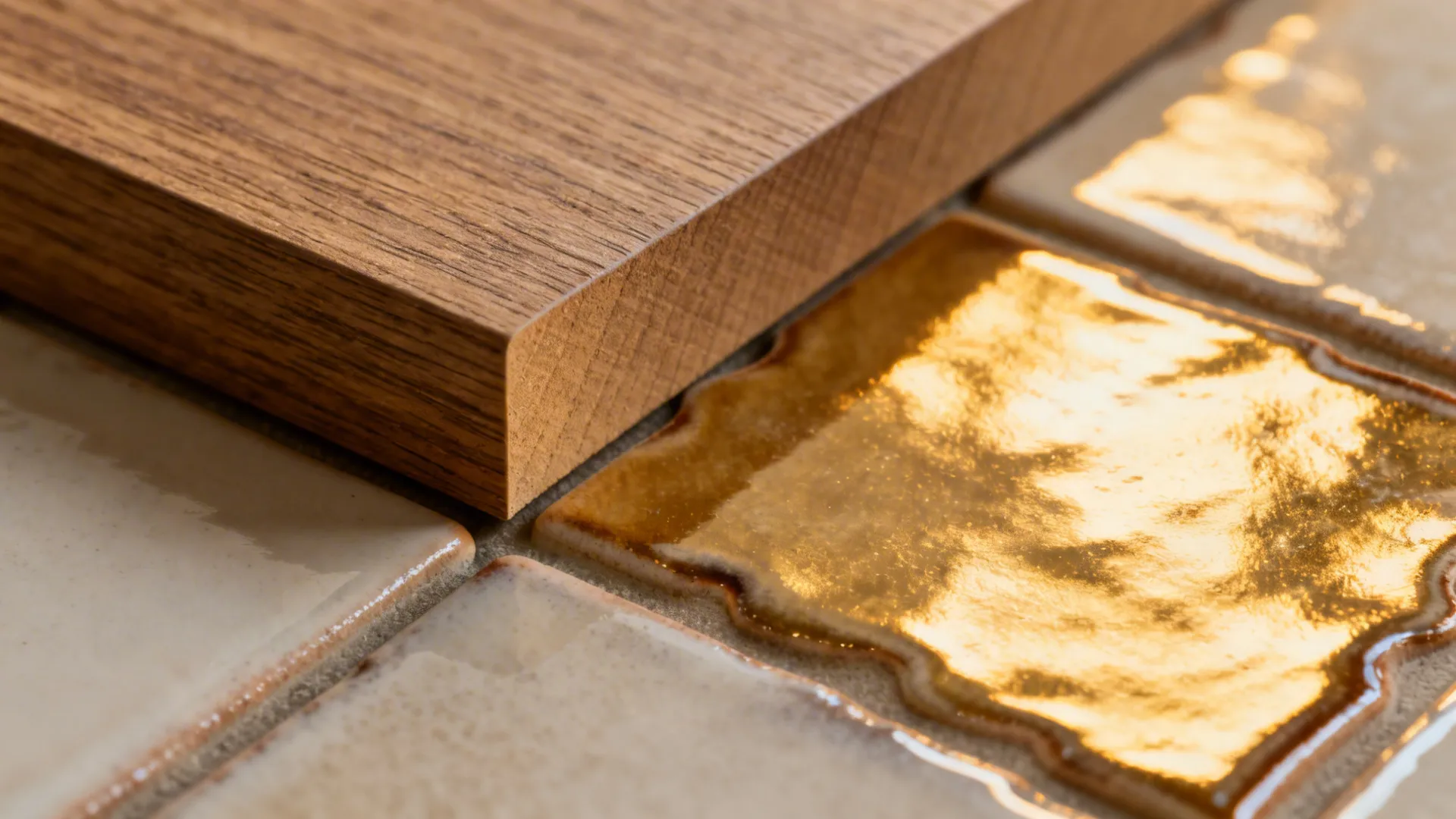 Close-up of wood-look laminate edge beside glossy, irregular zellige tiles.