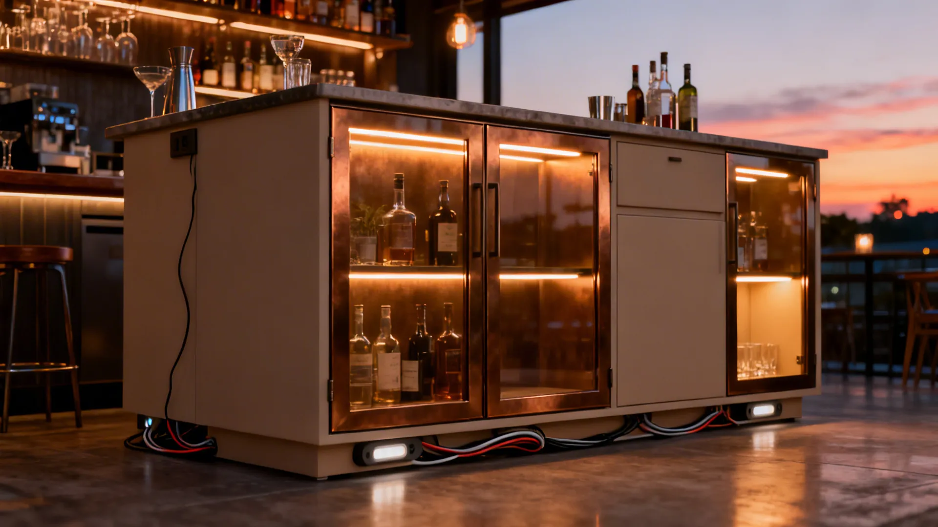 Bronze-laminated glass cupboard doors softly lit inside by warm LED strips in a compact kitchen.