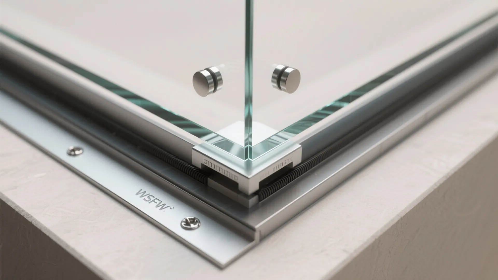 Close up of a glass railing corner showing metal base hardware and small silver connectors
