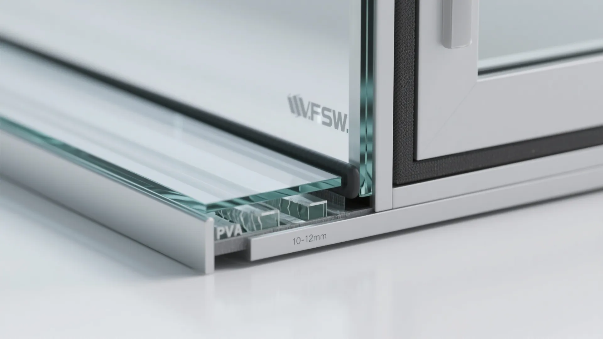 Close up view of thick glass panel installed into a metal frame for a window