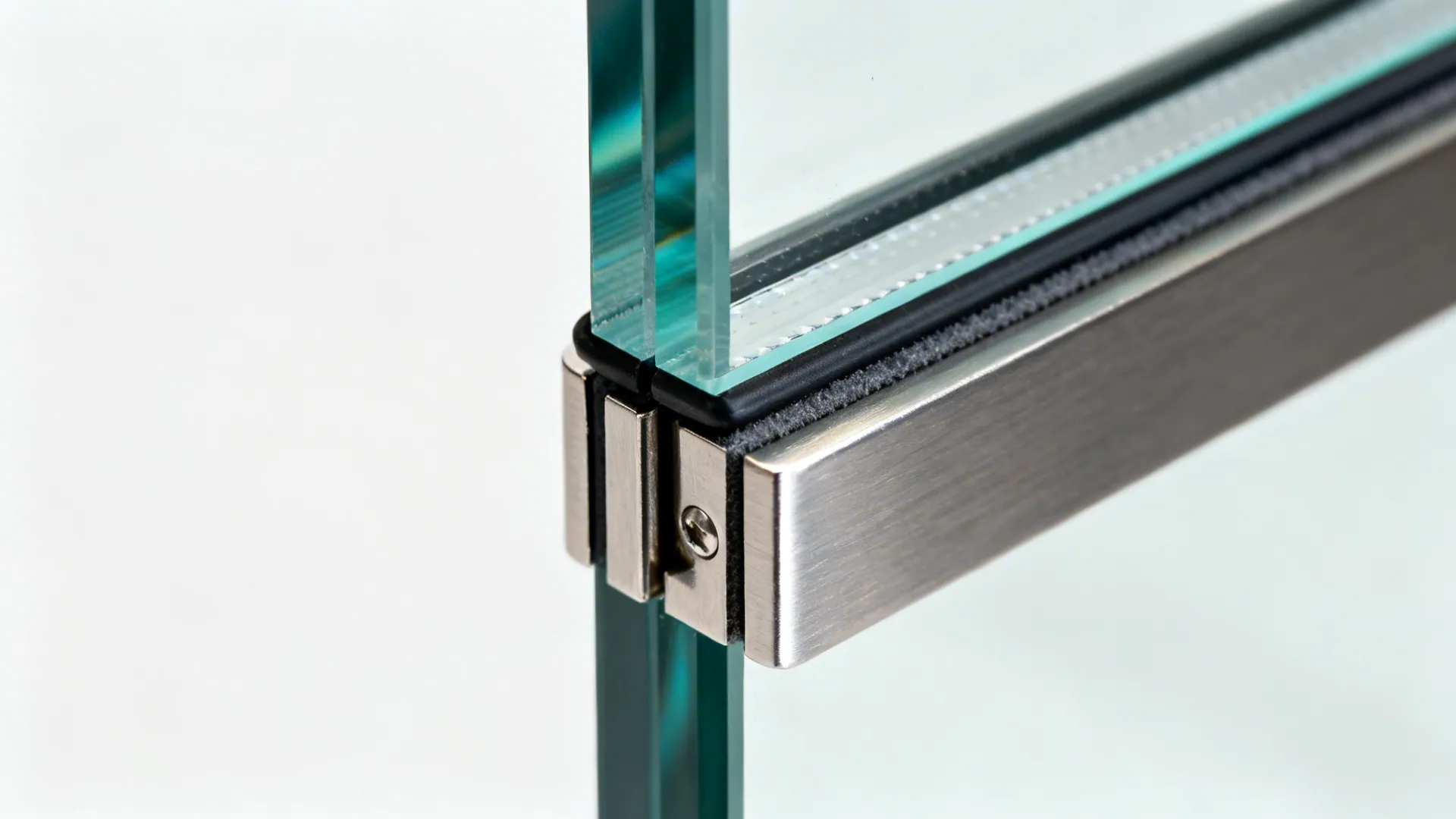 Macro view of acoustic laminated glass edge with PVB interlayer and tight gasket seal.