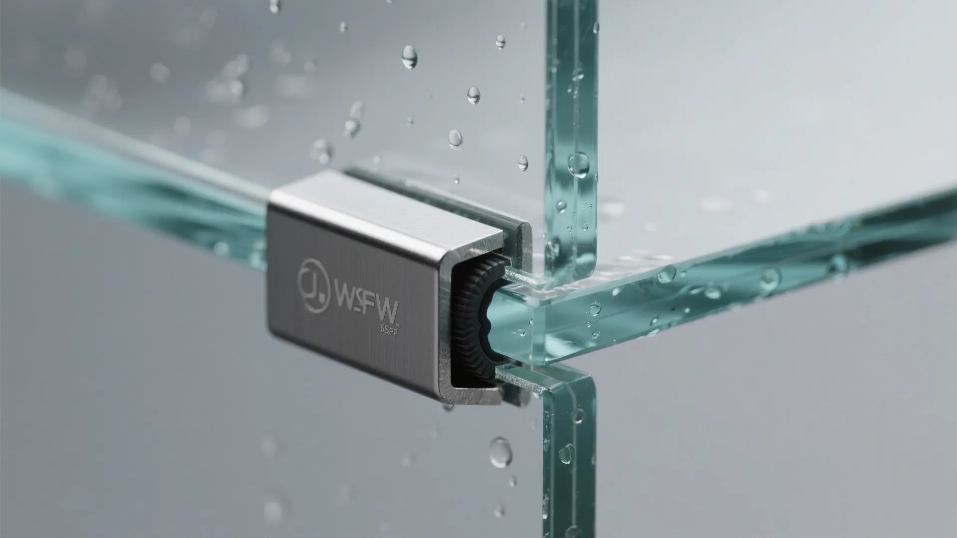 Metal glass clamp connecting transparent glass panels covered with many small clear shiny wet droplets