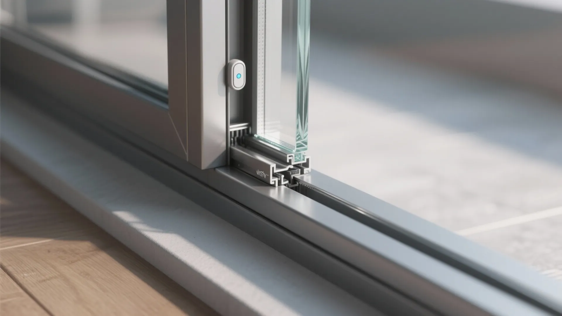 Close up view of metal sliding window frame with double glass panels and locking mechanism