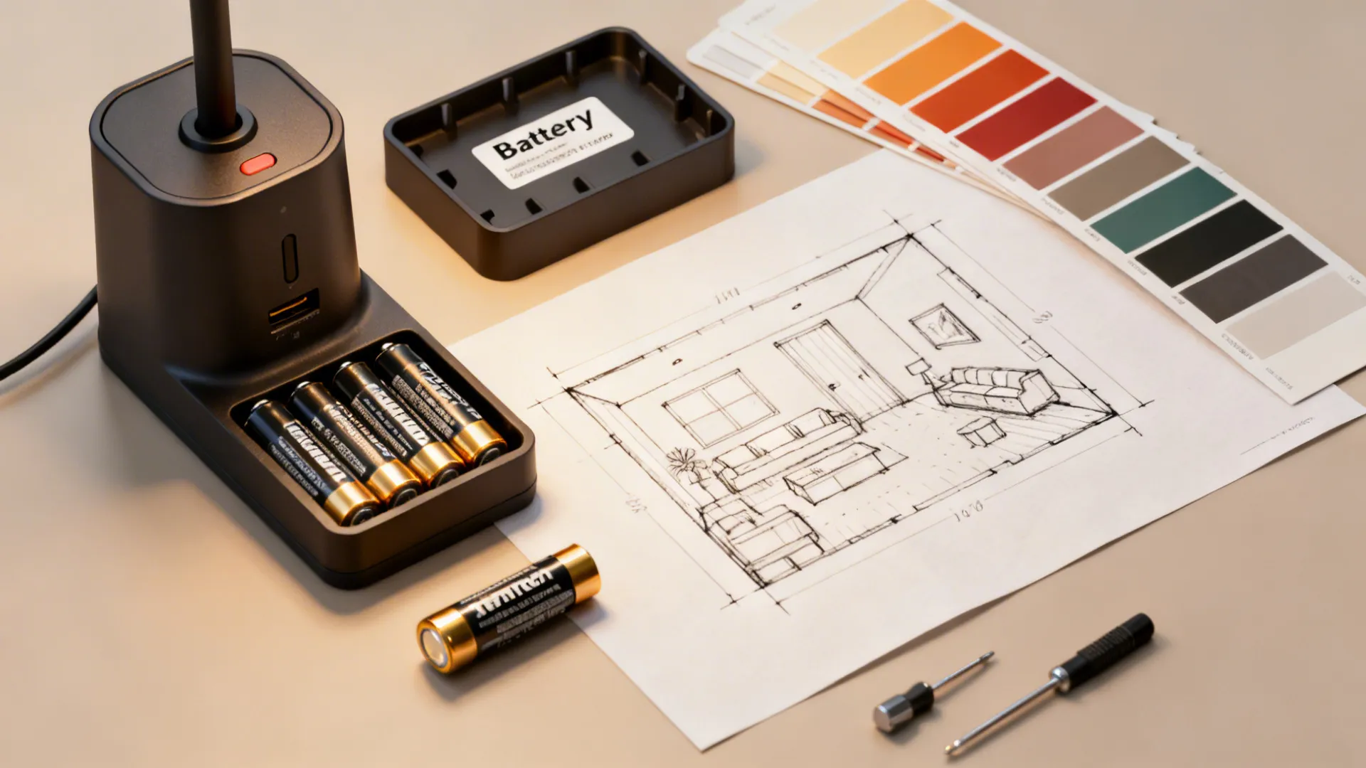 Flatlay of charging dock, spare batteries, labeled tray and a room layout sketch for planning lamp placement.