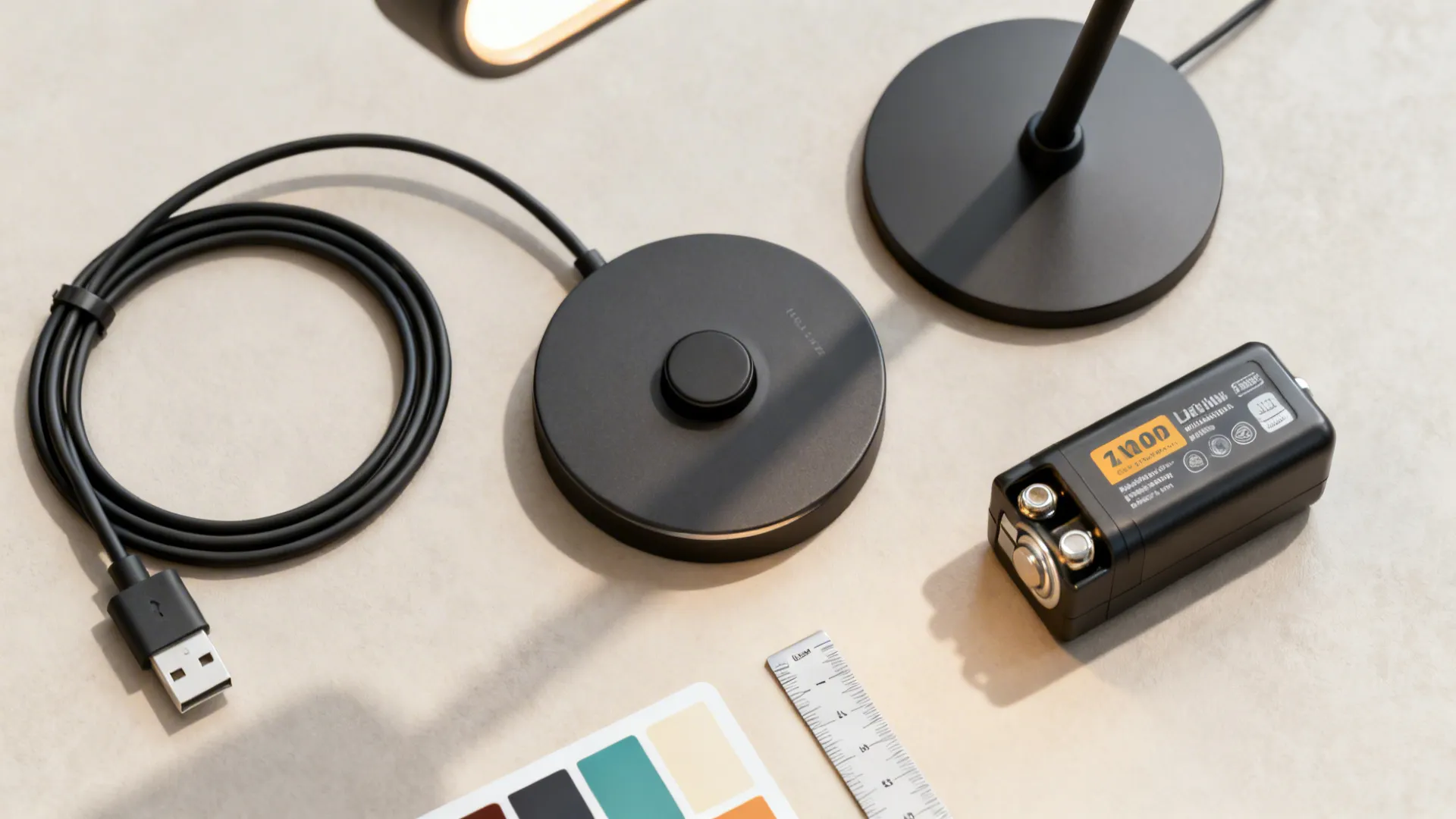 Flatlay showing USB-C cable, magnetic base, battery pack and color swatches for wireless lamps.
