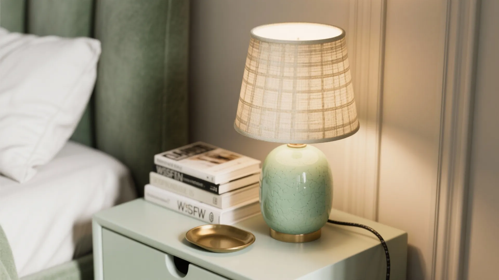 Close-up of a light green ceramic table lamp with books and a small tray on a narrow bedside table.