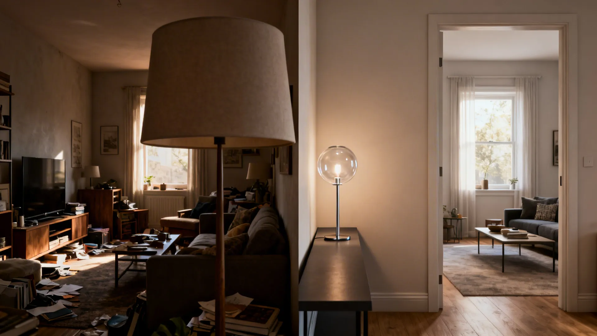 Before and after of a small living room showing improved space with a slim glass globe lamp