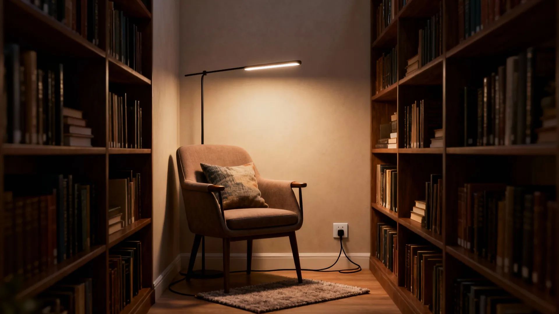 Slim floor lamp behind an accent chair creating a compact reading nook