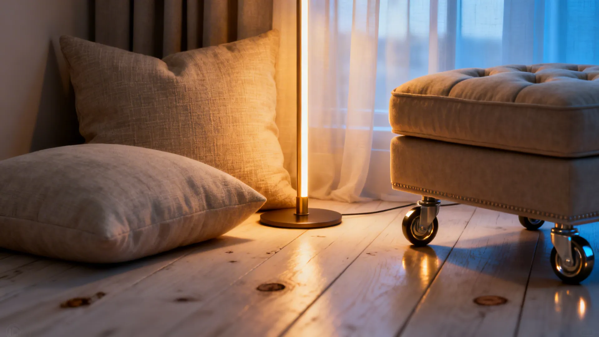 Floor lamp placed between separated seating pieces to visually tie zones together.