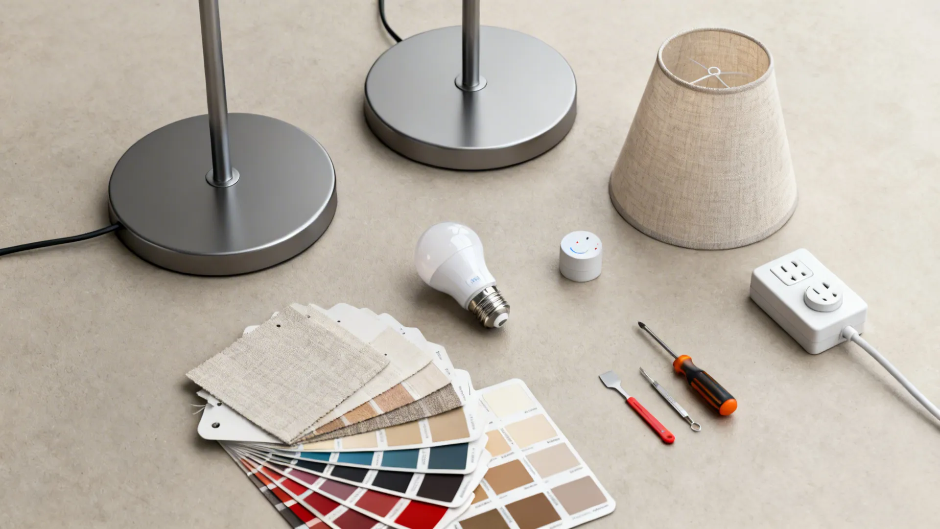 Flatlay of budget lamp materials: powder-coated steel base, shade samples, smart bulb and dimmer