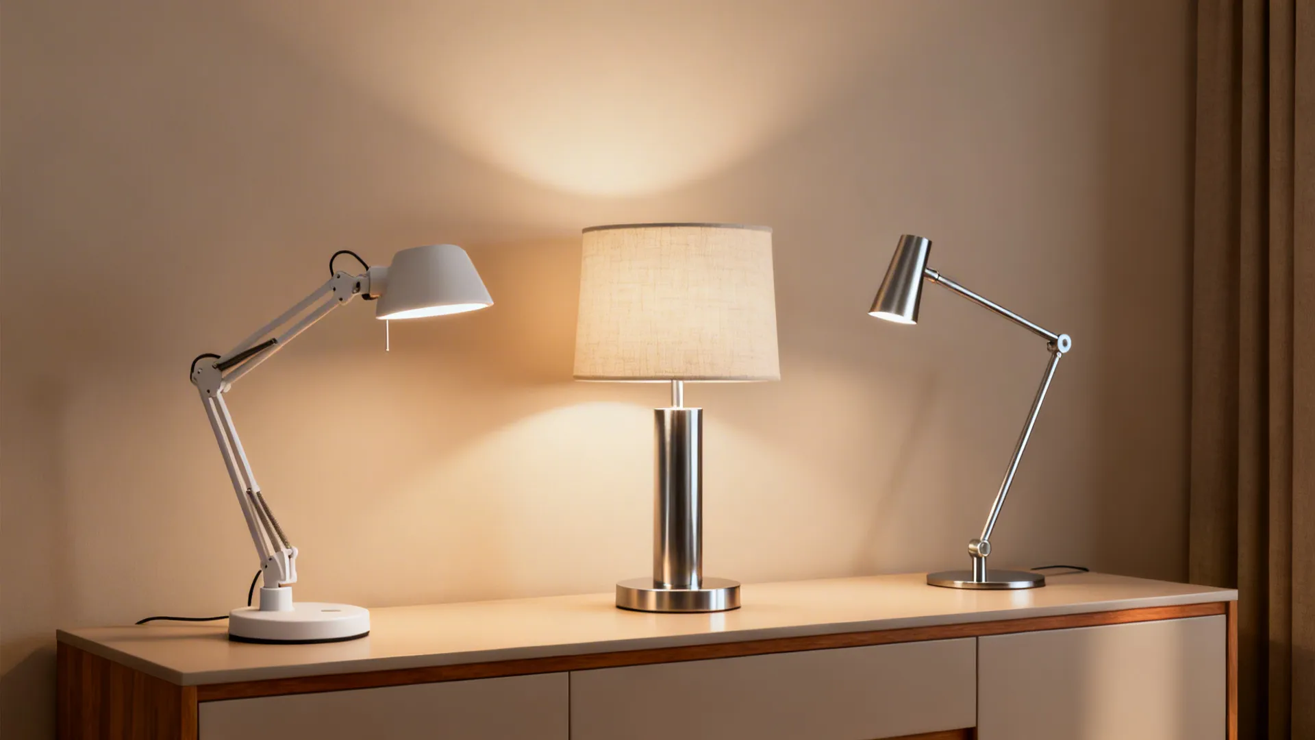 Three table lamps representing budget, mid-range, and high-end options styled on a console