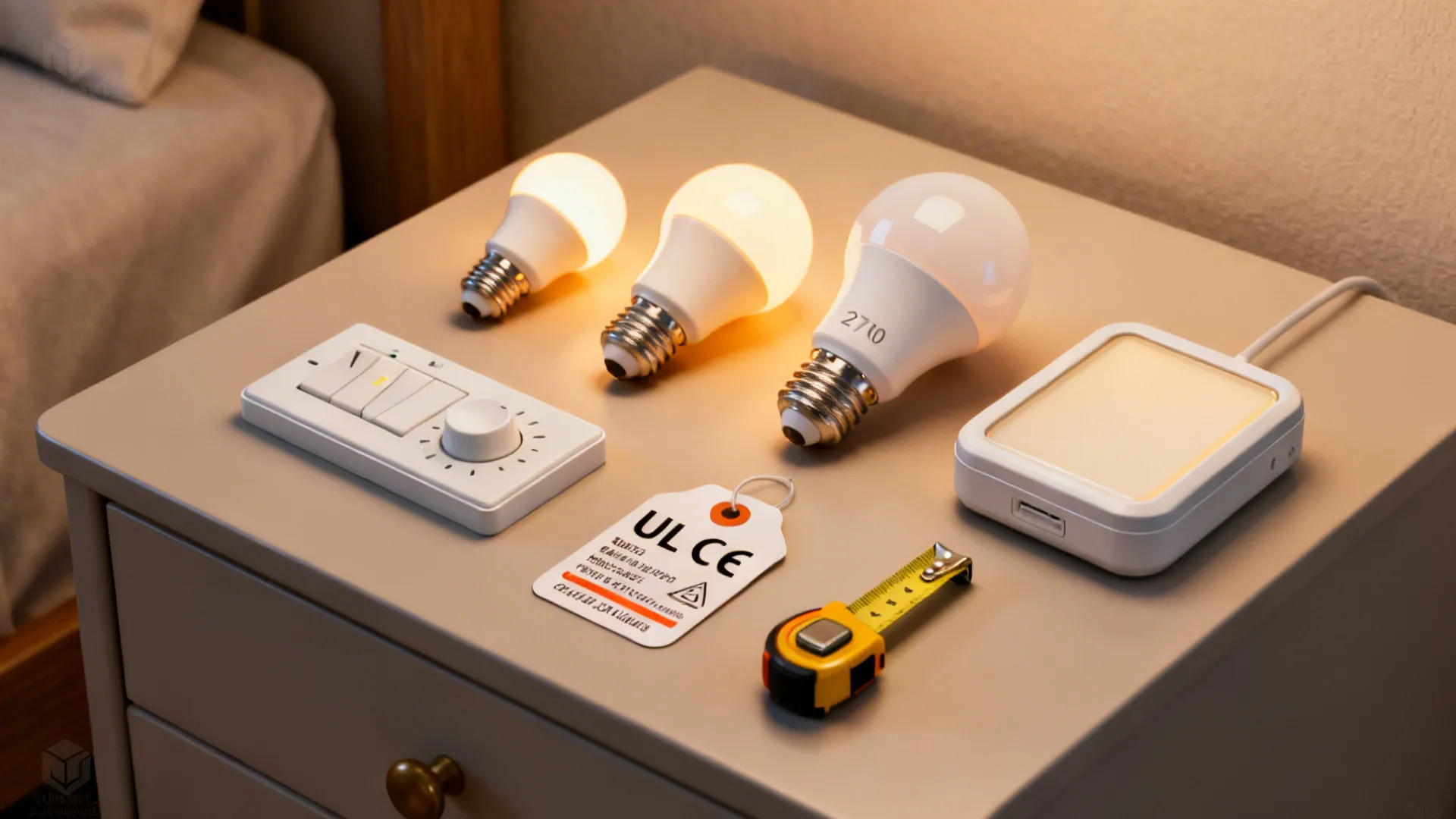 Warm LED bulbs, dimmer, and certification tag displayed to illustrate lamp FAQs and safety