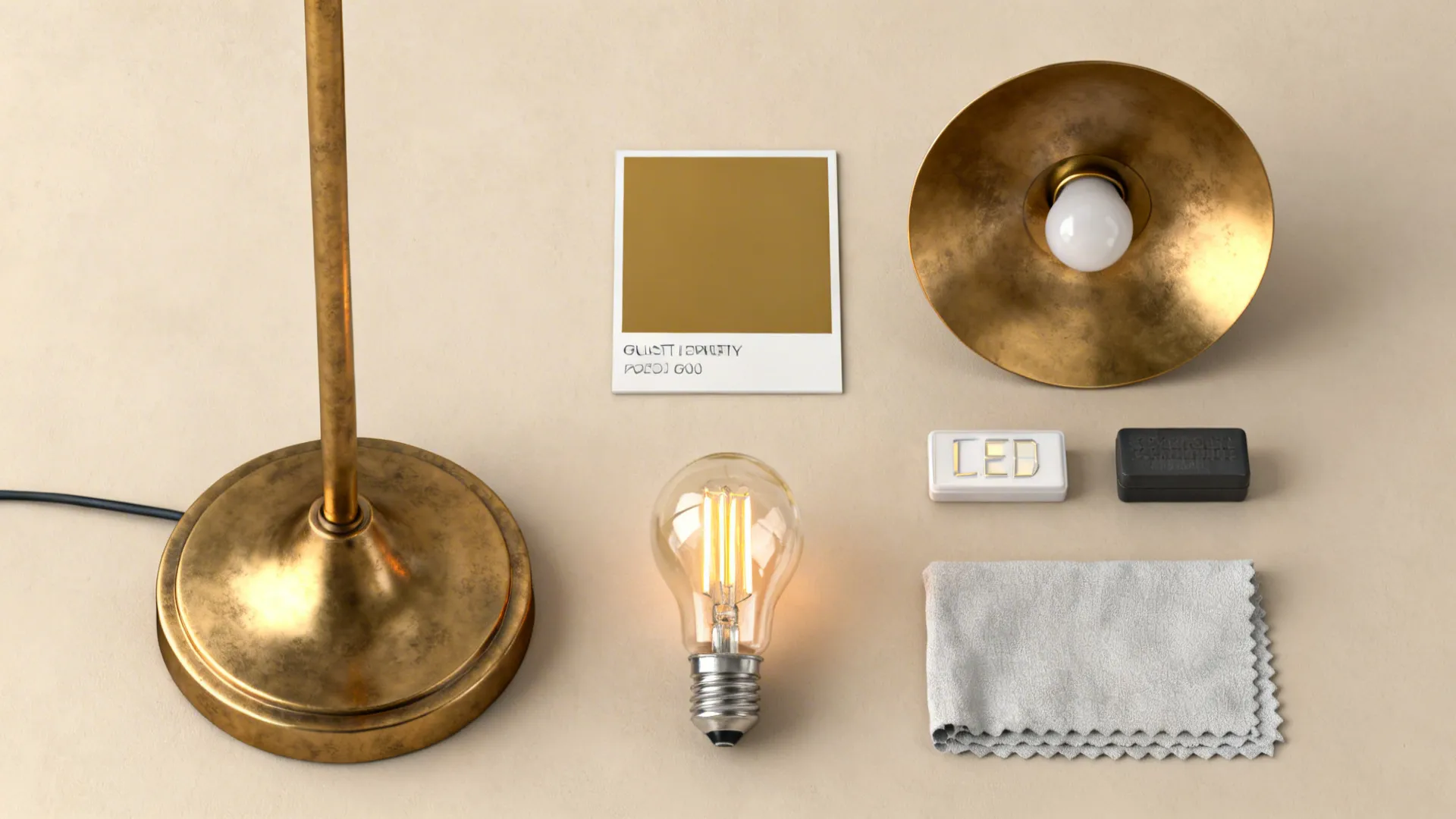 Flatlay of lamp care items and finish samples including brass-plated swatches and LED bulbs.