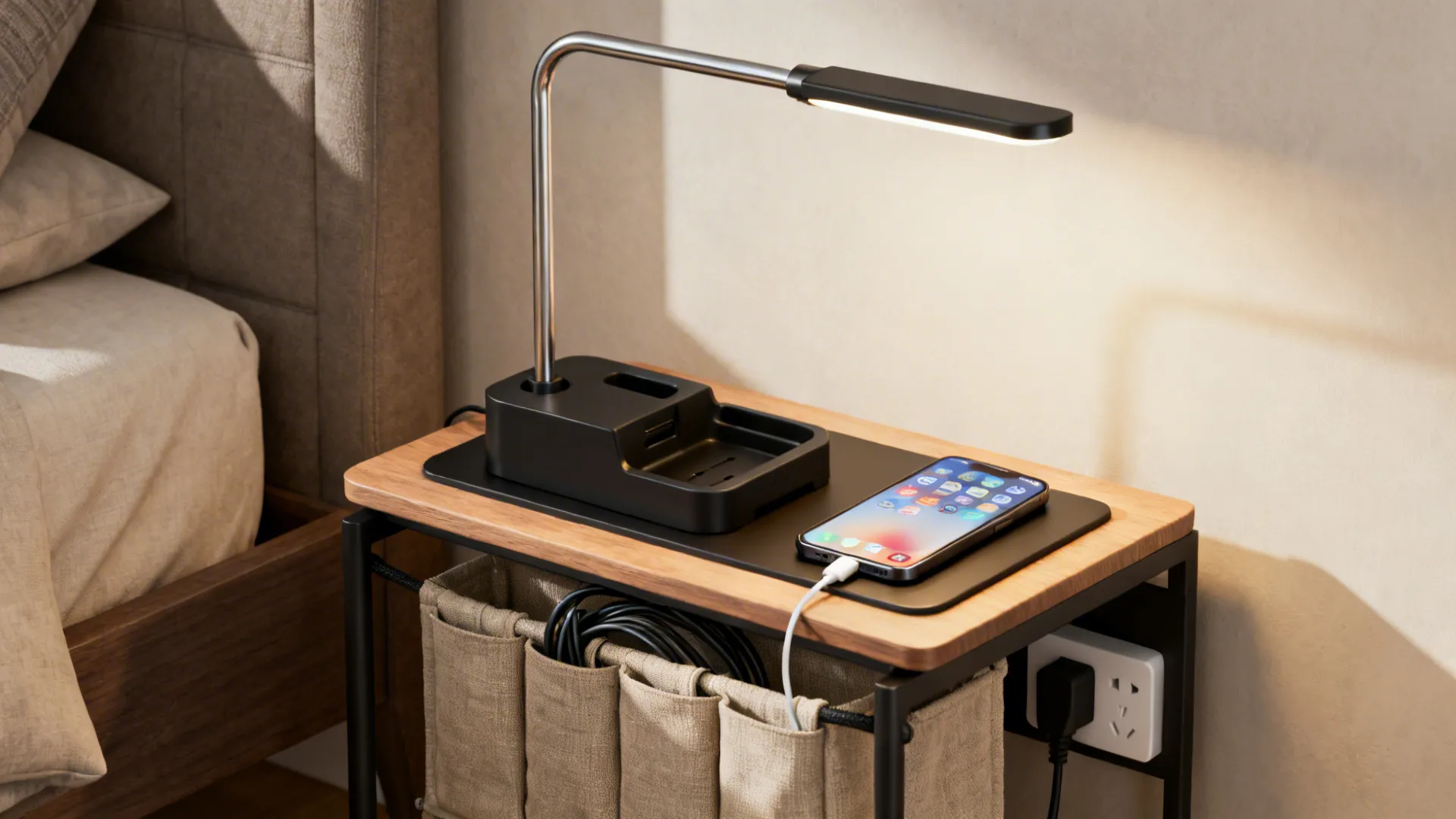 Side table functioning as a charging station with a lamp and a neatly organized cable setup.