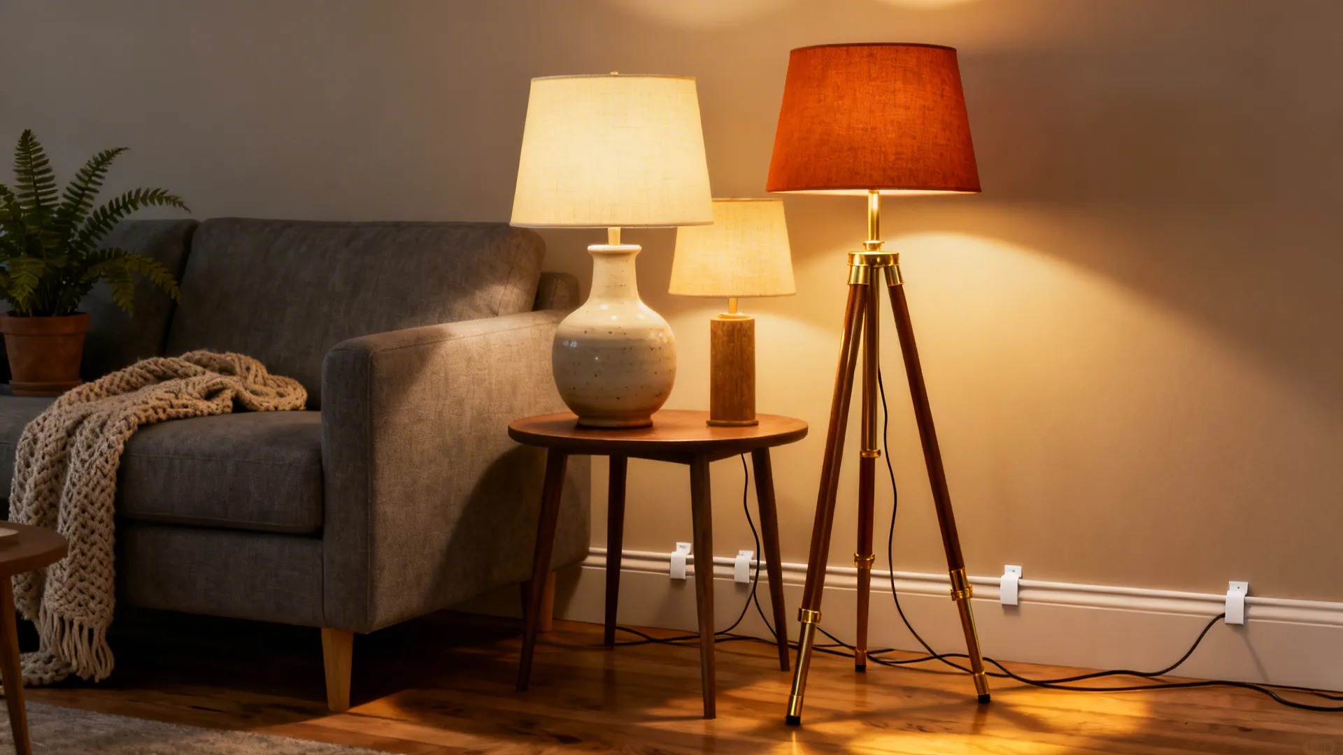 Cluster of floor and table lamps creating layered pools of warm light in a living room corner.