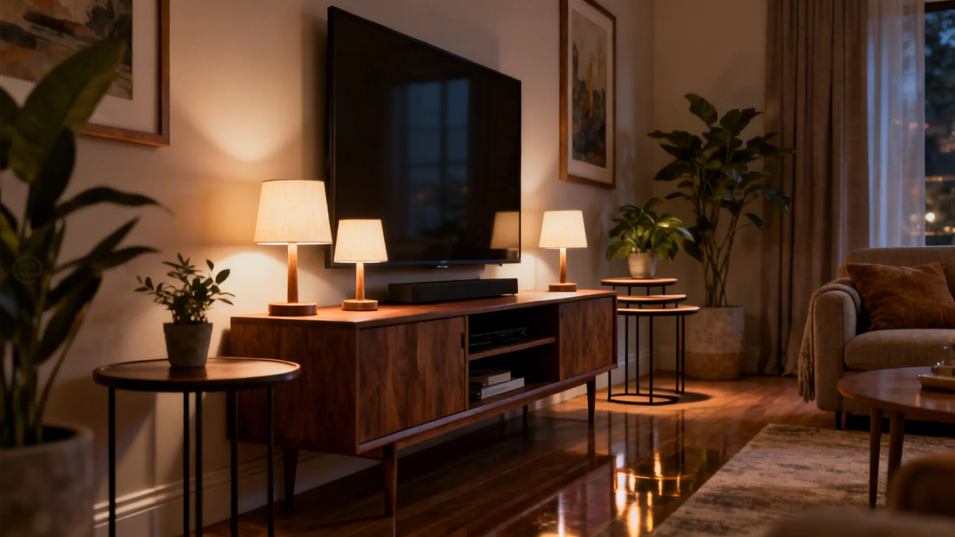 Narrow living room with a trio of table lamps on a console creating balanced ambient light.