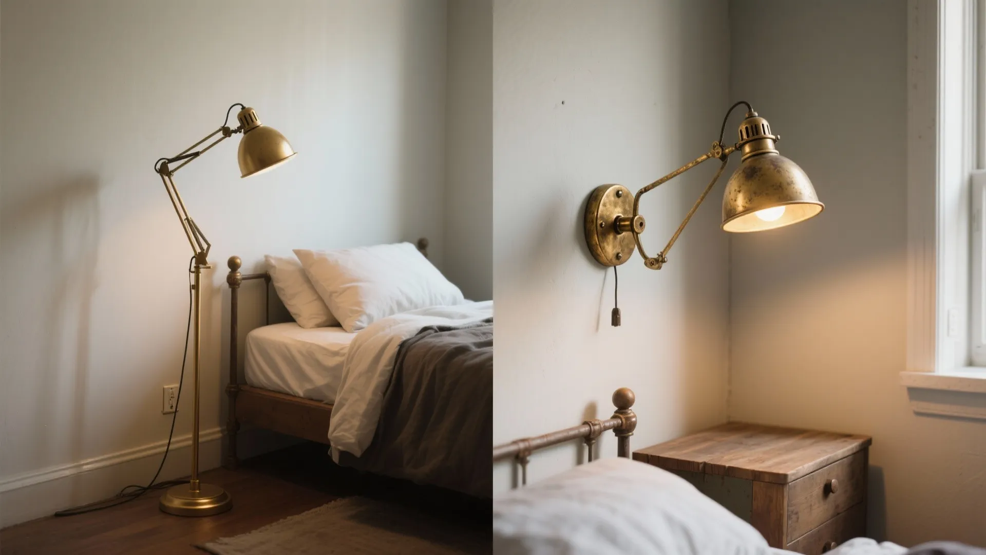Before and after comparison showing a brass floor light converted into a brass wall light