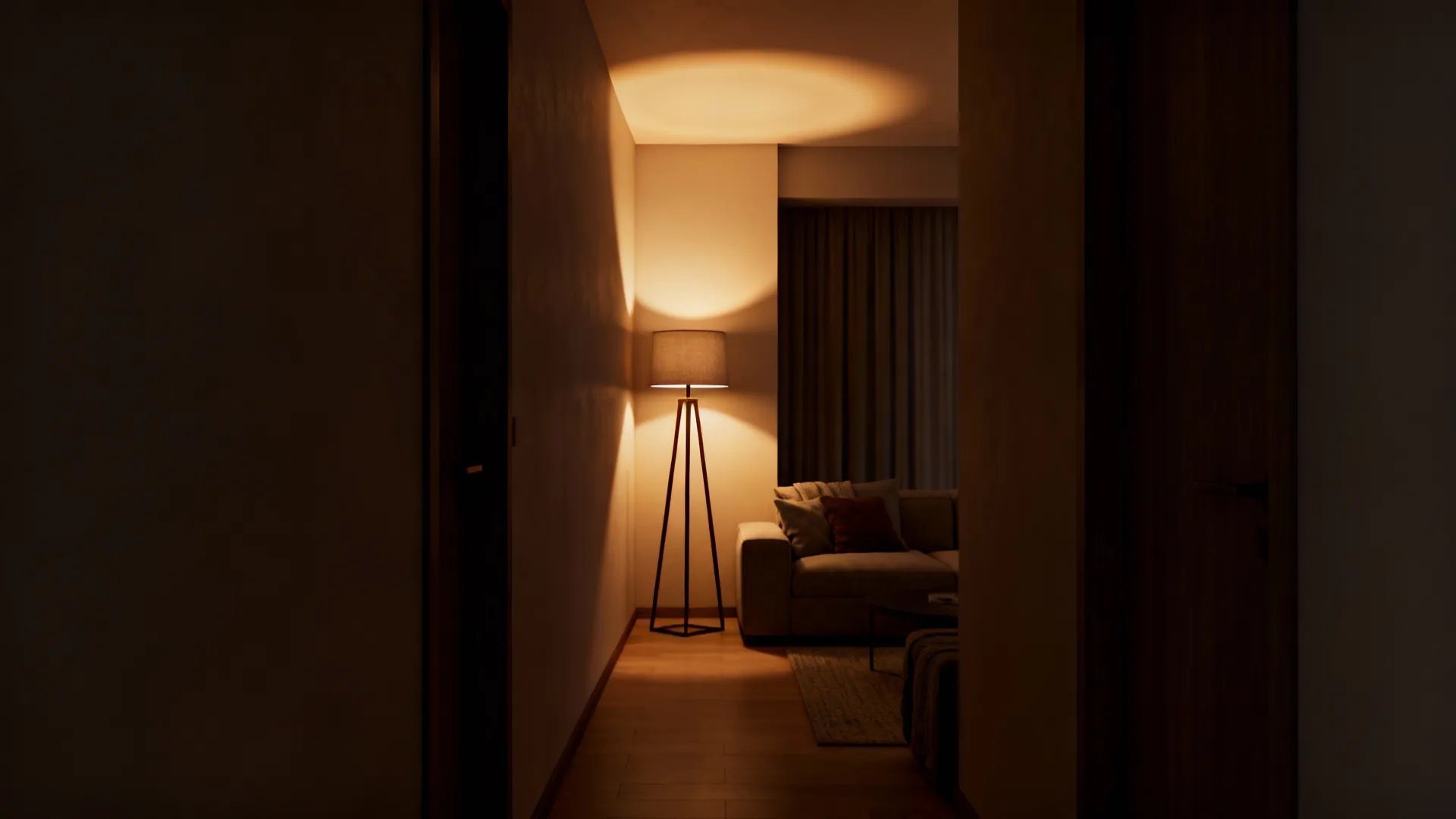 Floor lamp with uplight in a dark corner brightening ceiling and expanding the room