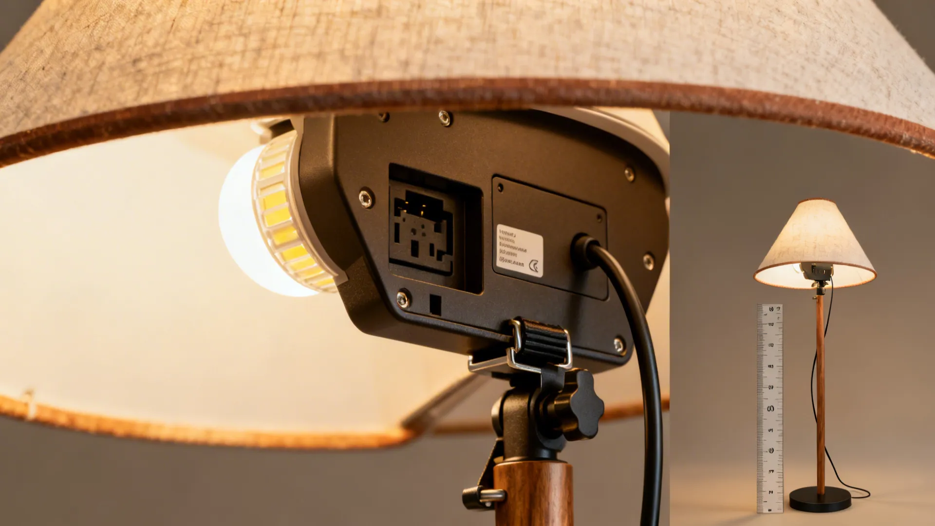 Macro collage of lamp details including shade height, LED driver access, cord clip, and clamp mechanism.