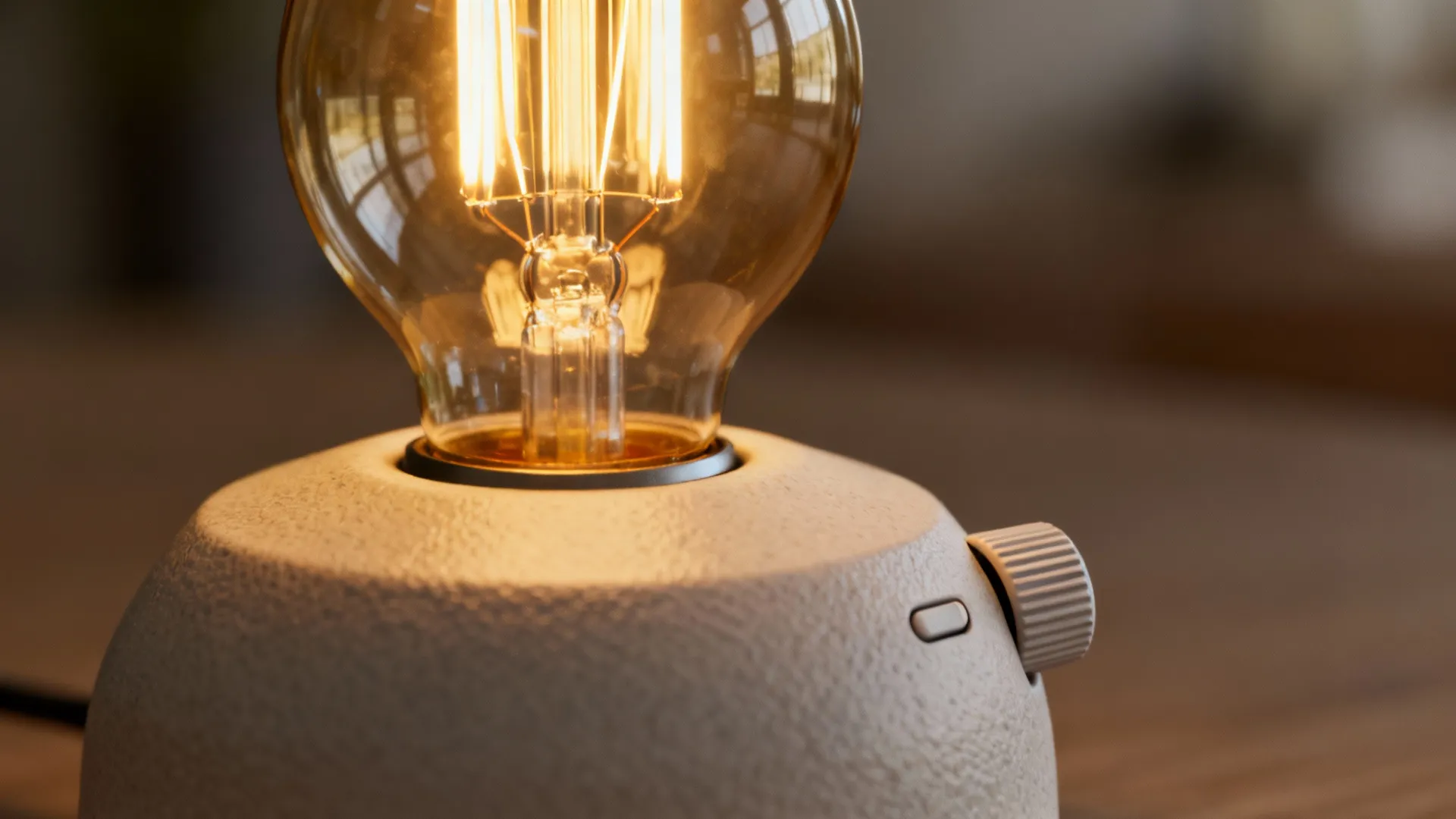 Close-up of a warm bulb and dimmer control demonstrating ideal living room lighting settings