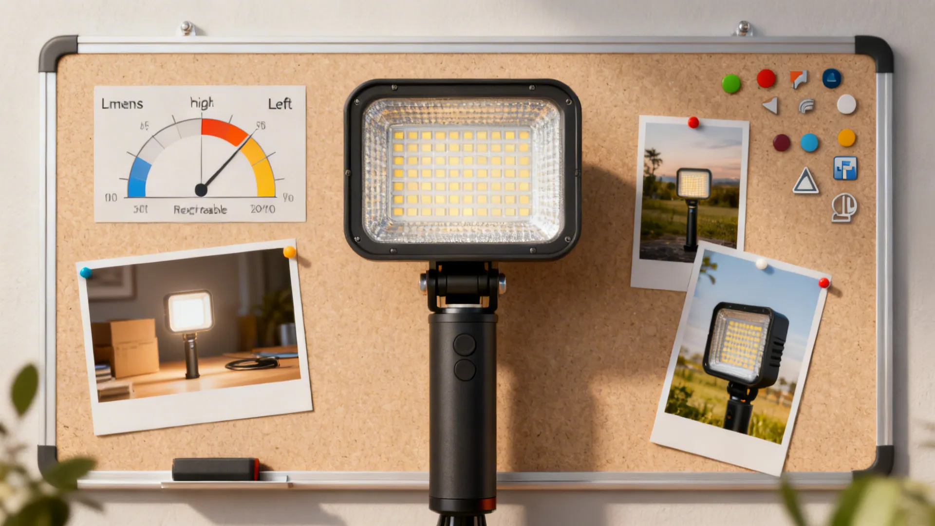 FAQ board with icons and photo snippets about lumens, placement, rechargeable lamps and CRI