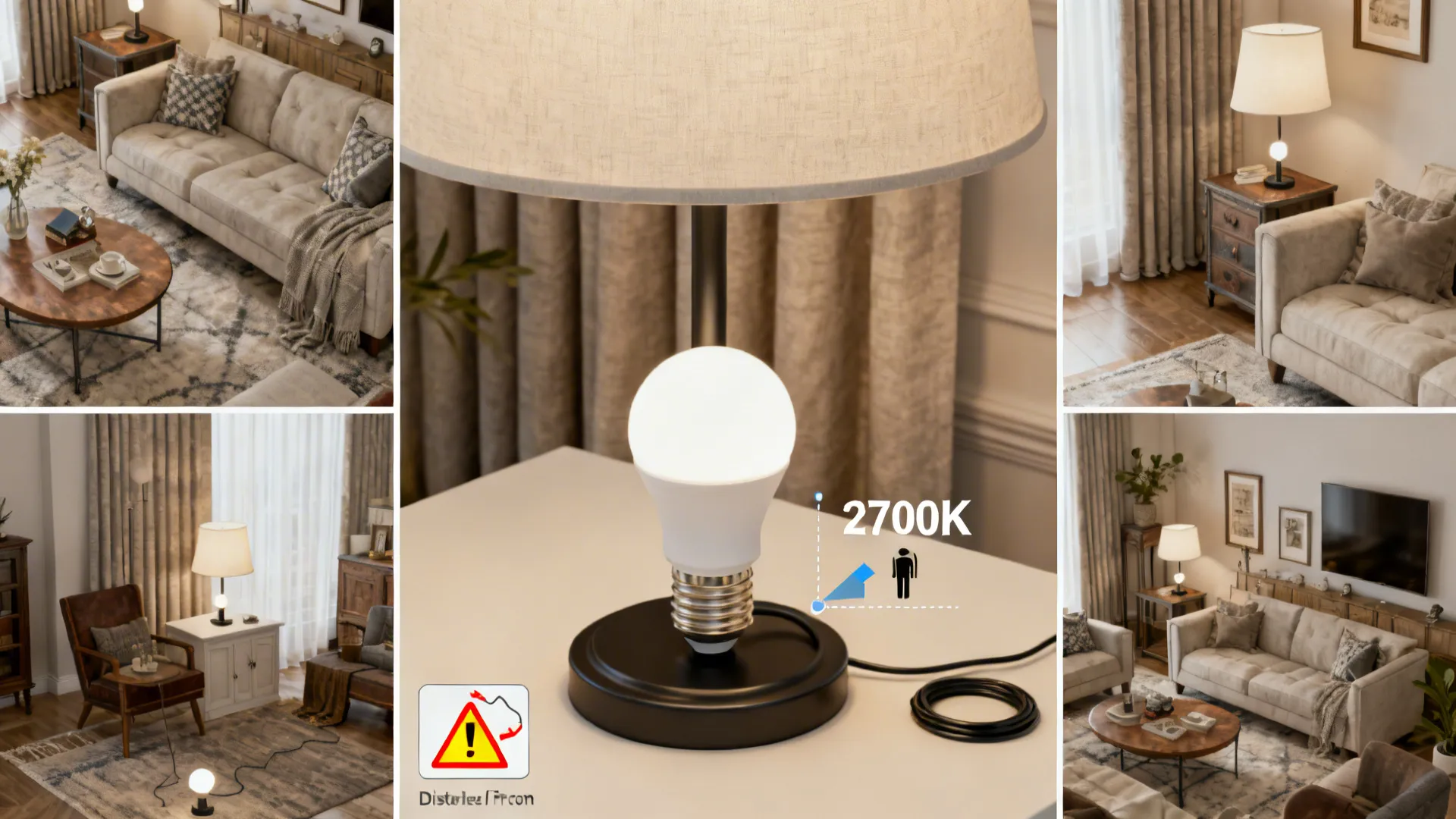 FAQ collage: lamp height, 2700K LED, safety tips, and mixed-style vignette.
