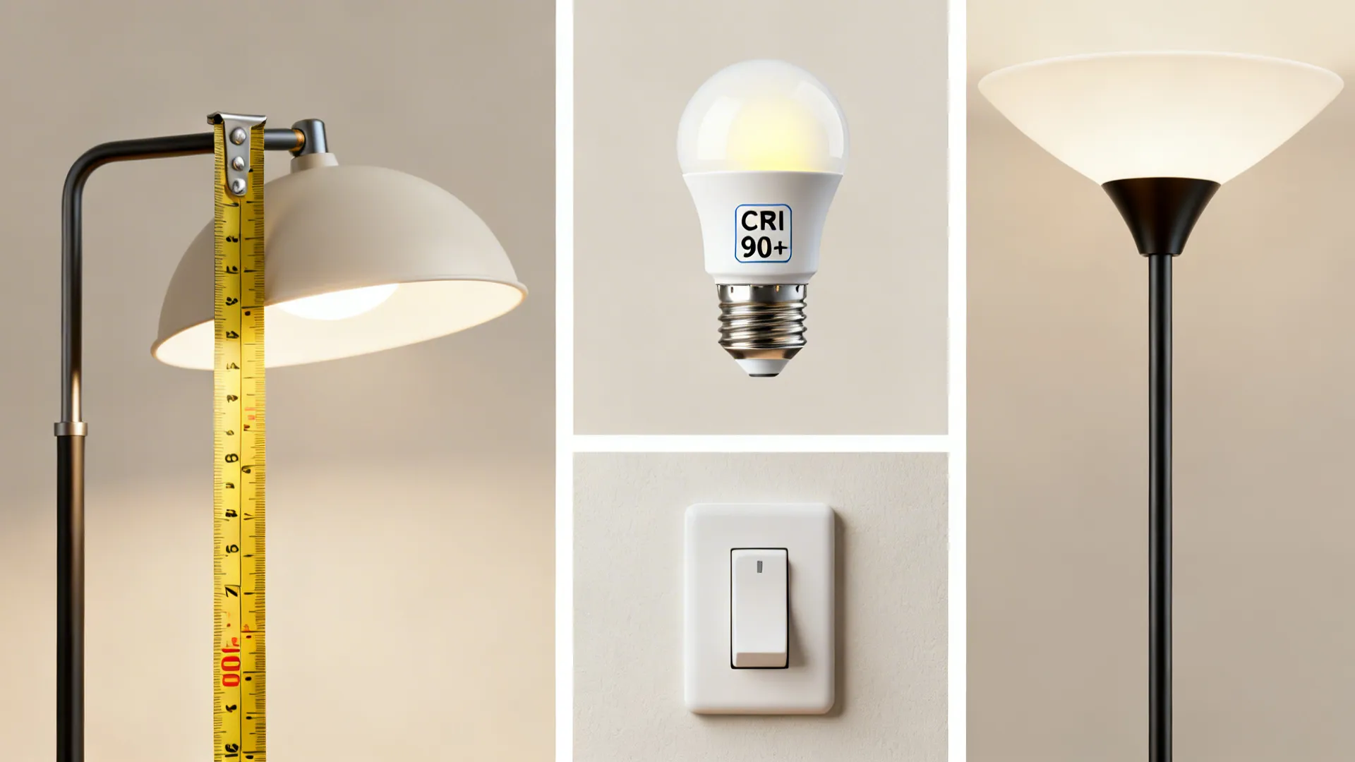 Collage showing lamp measurement, LED bulb, dimmer and torchiere diffuser details for FAQs.