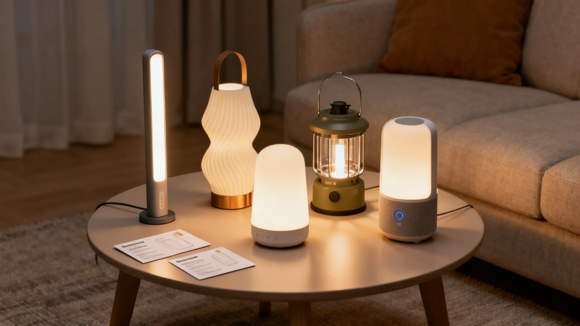 Collection of different rechargeable lamps displayed with small spec cards for FAQ illustration