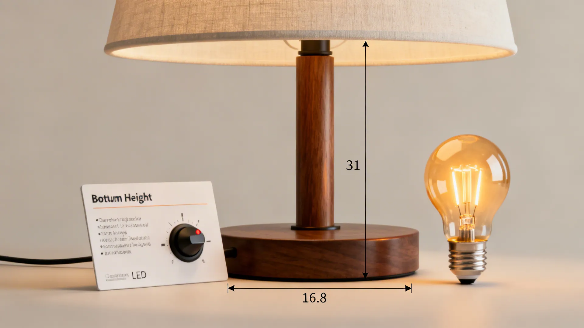 Table lamp with dimmer and warm LED bulb showing recommended lamp height and cozy color temperature.