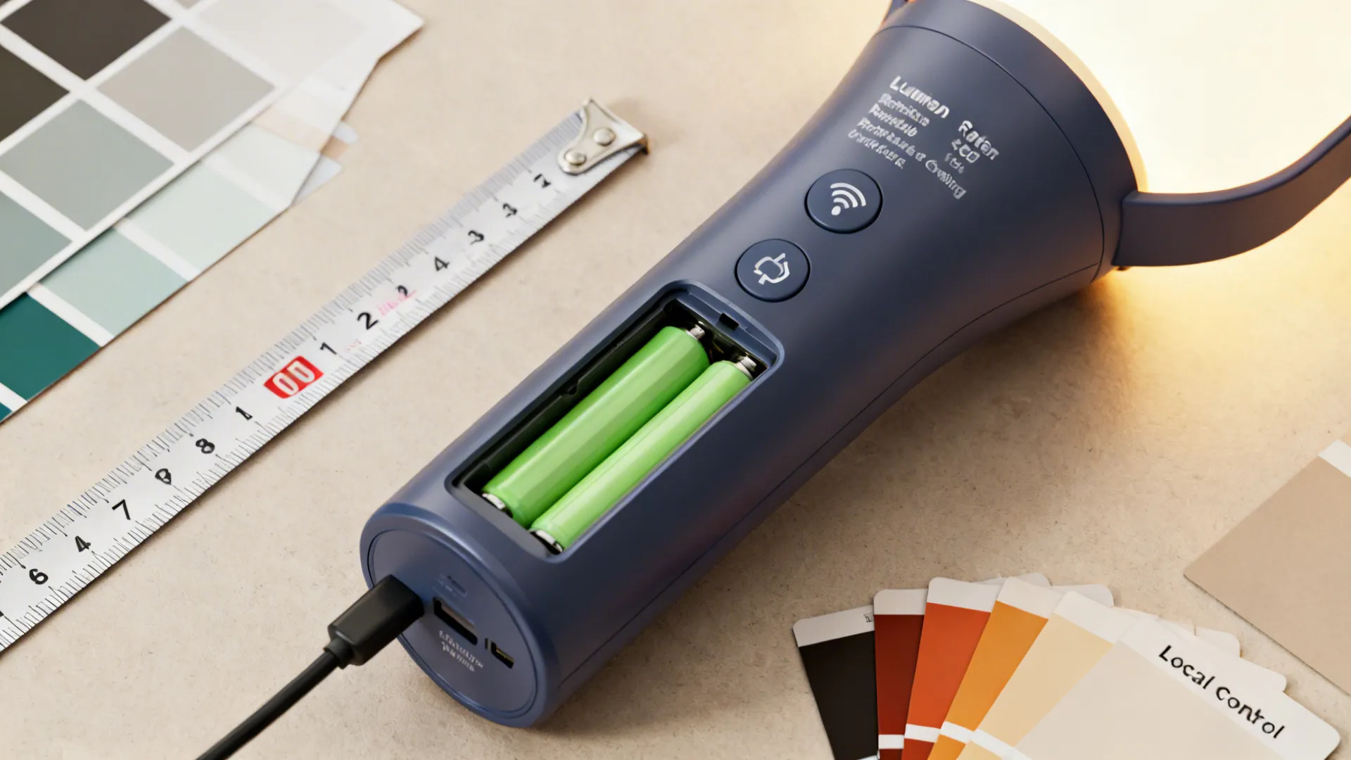 Close-up details of cordless lamp features: lumen rating, replaceable battery, wireless charging icon, and local-control button.