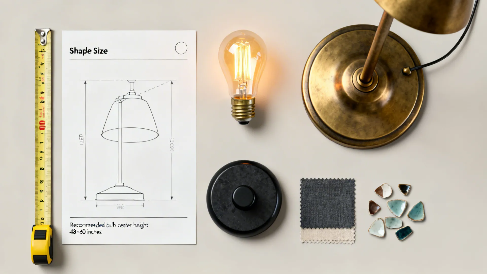 Flatlay of lamp materials, shade guide, bulb sample, and scale diagram for lamp placement