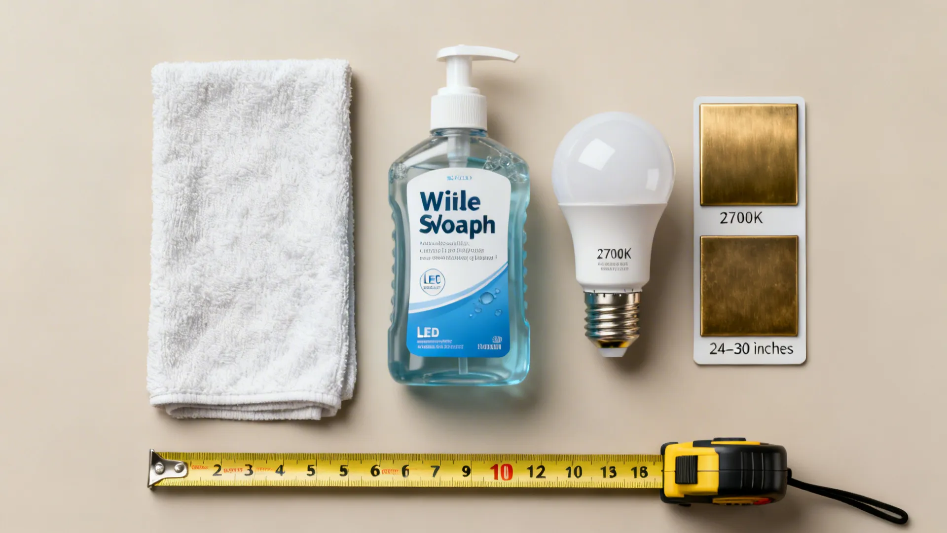Top-down flatlay of lamp care items, a 2700K LED bulb, tape measure, and brass finish swatches for scale and maintenance guidance.