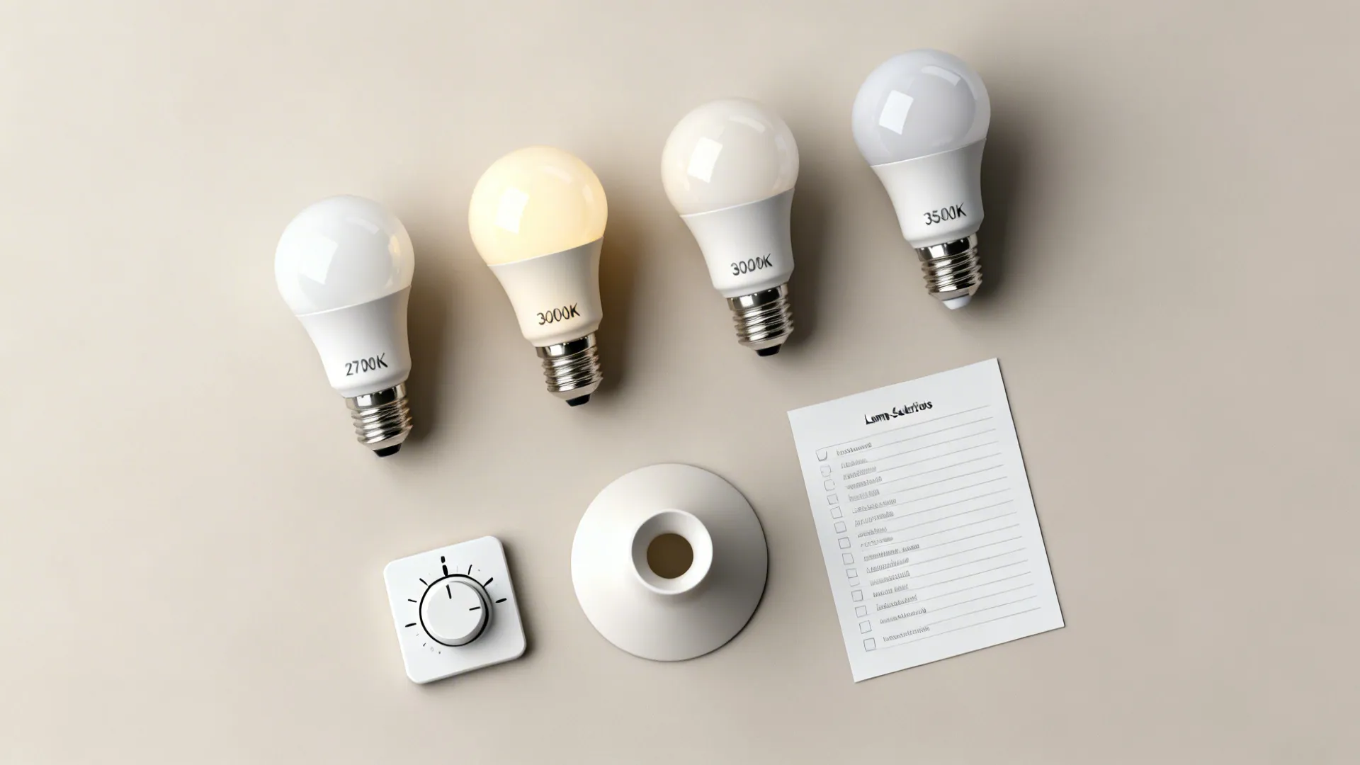 Flatlay of lamp accessories and color temperature swatches for choosing table lamps.