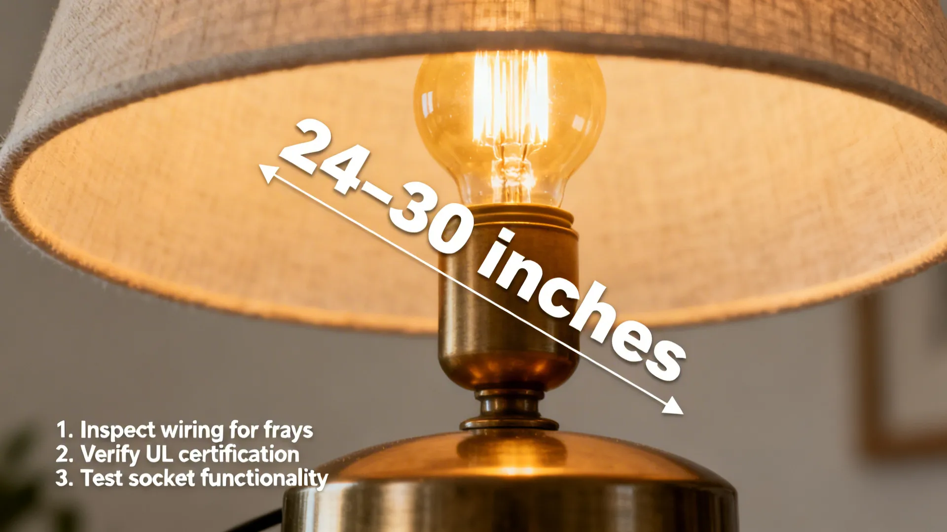 Lamp with measurement guide and LED bulb close-up illustrating height and safety tips for living room lamps.
