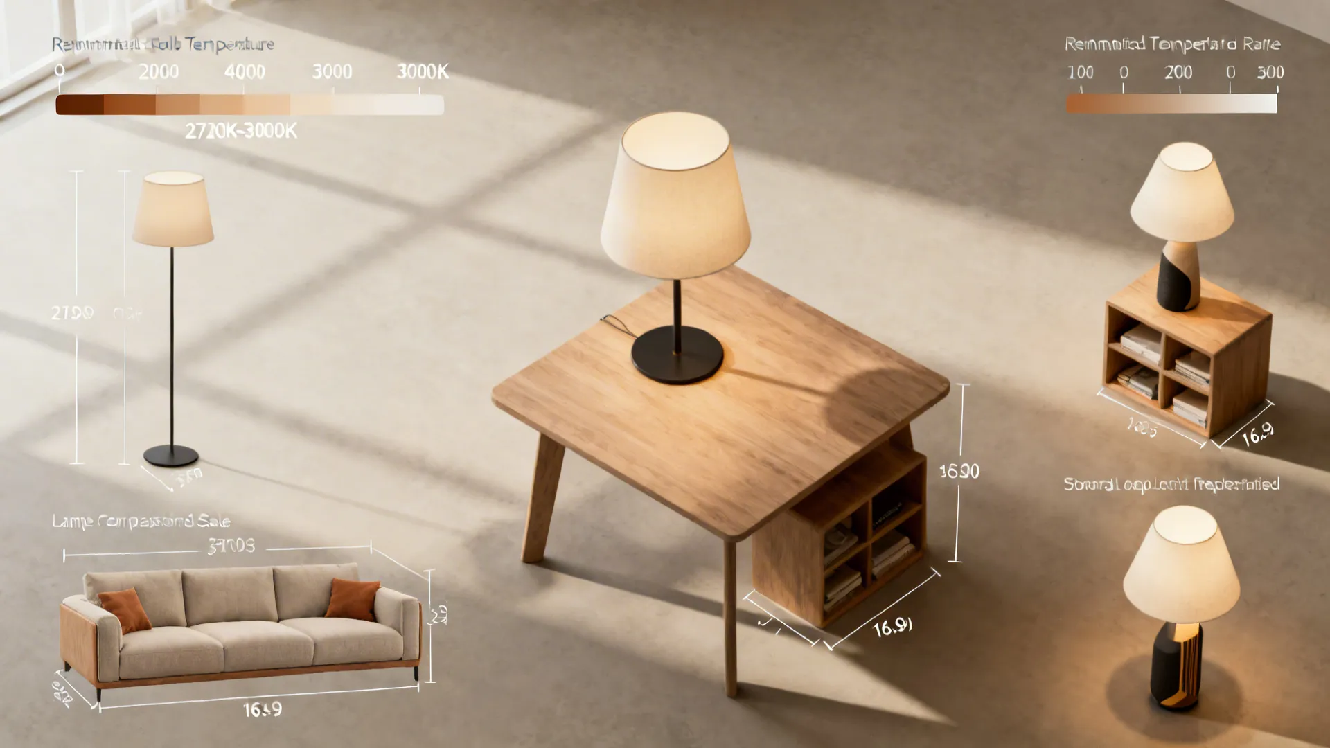 Top-down guide layout showing lamp height, bulb temperature, scale and storage options for small living rooms.