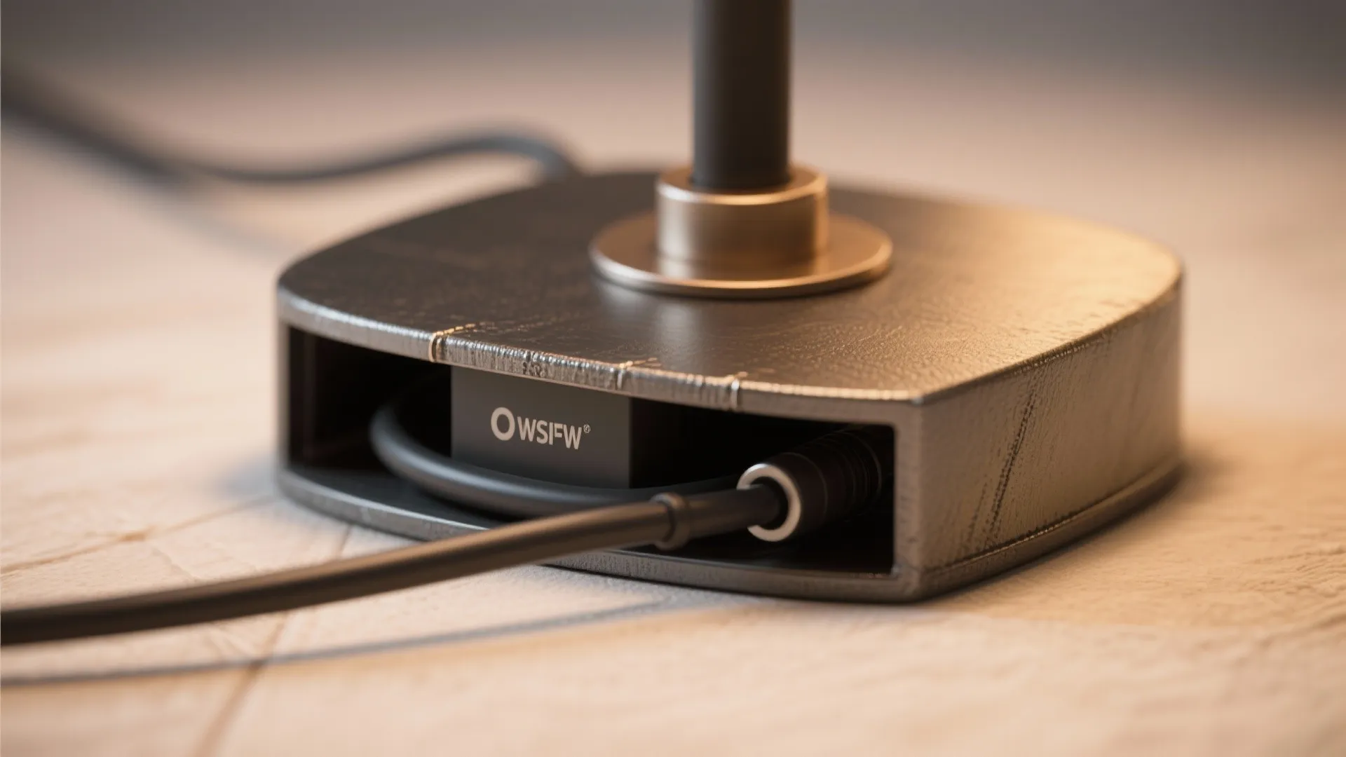 Macro detail of a lamp's weighted base and hidden cable channel demonstrating pet-safe and tidy installation.