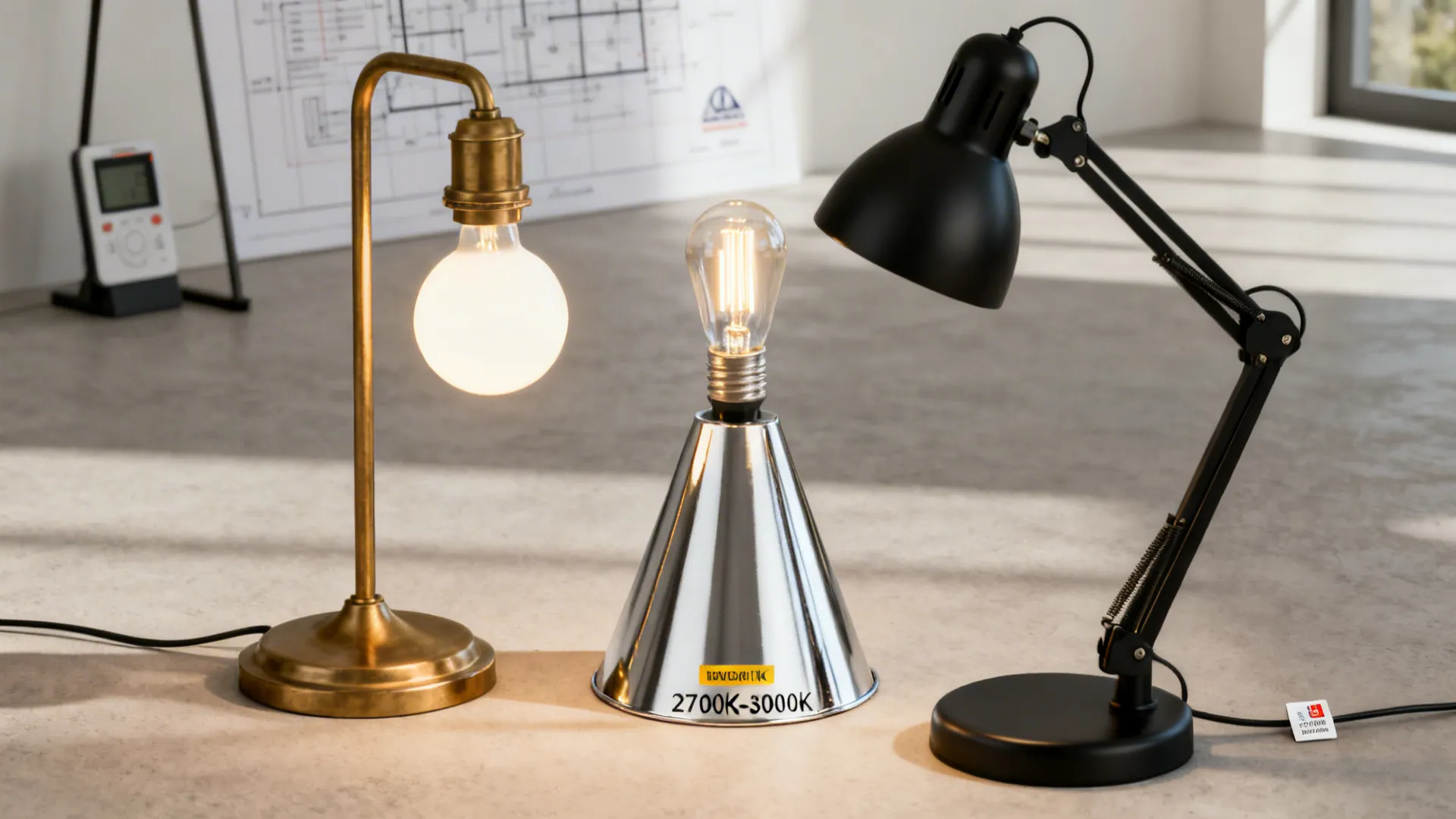 Group of lamp types with bulbs and a safety tag illustrating finish choices and bulb recommendations.