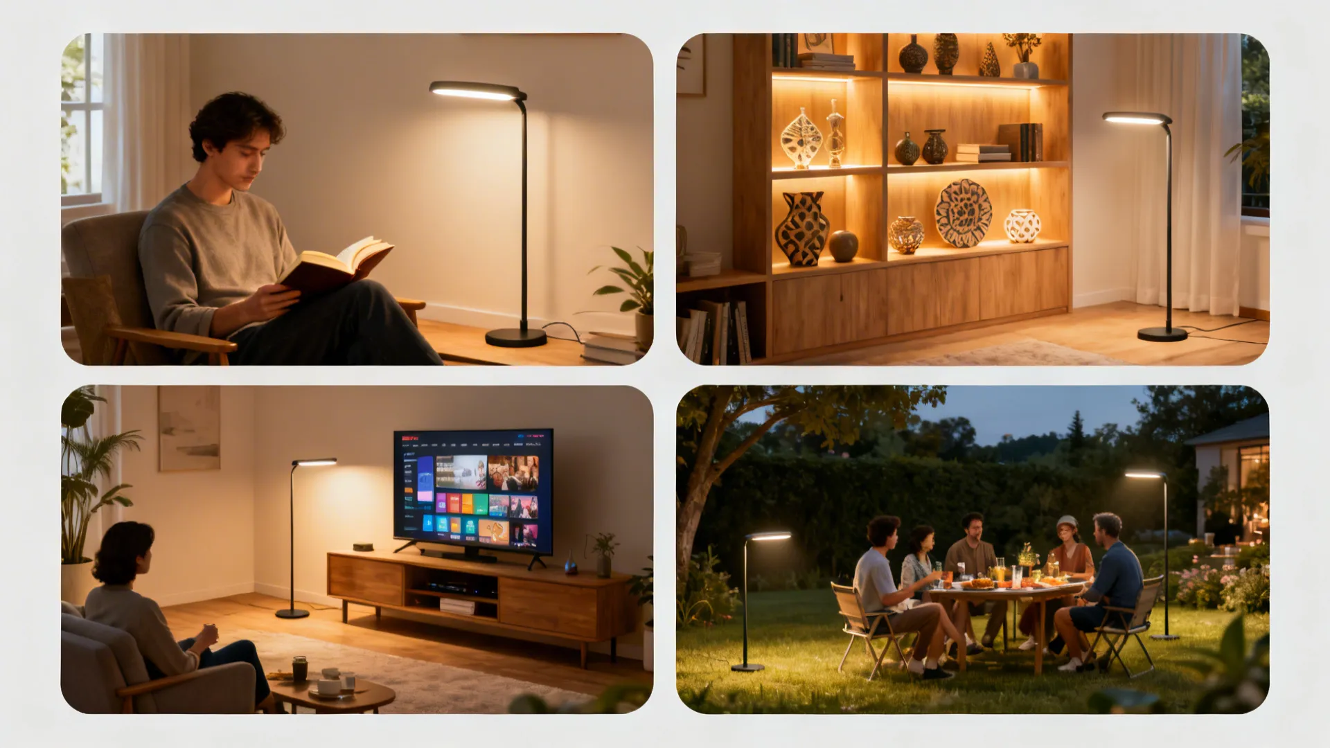 Top-down infographic vignettes showing common wireless lamp use cases and tips.