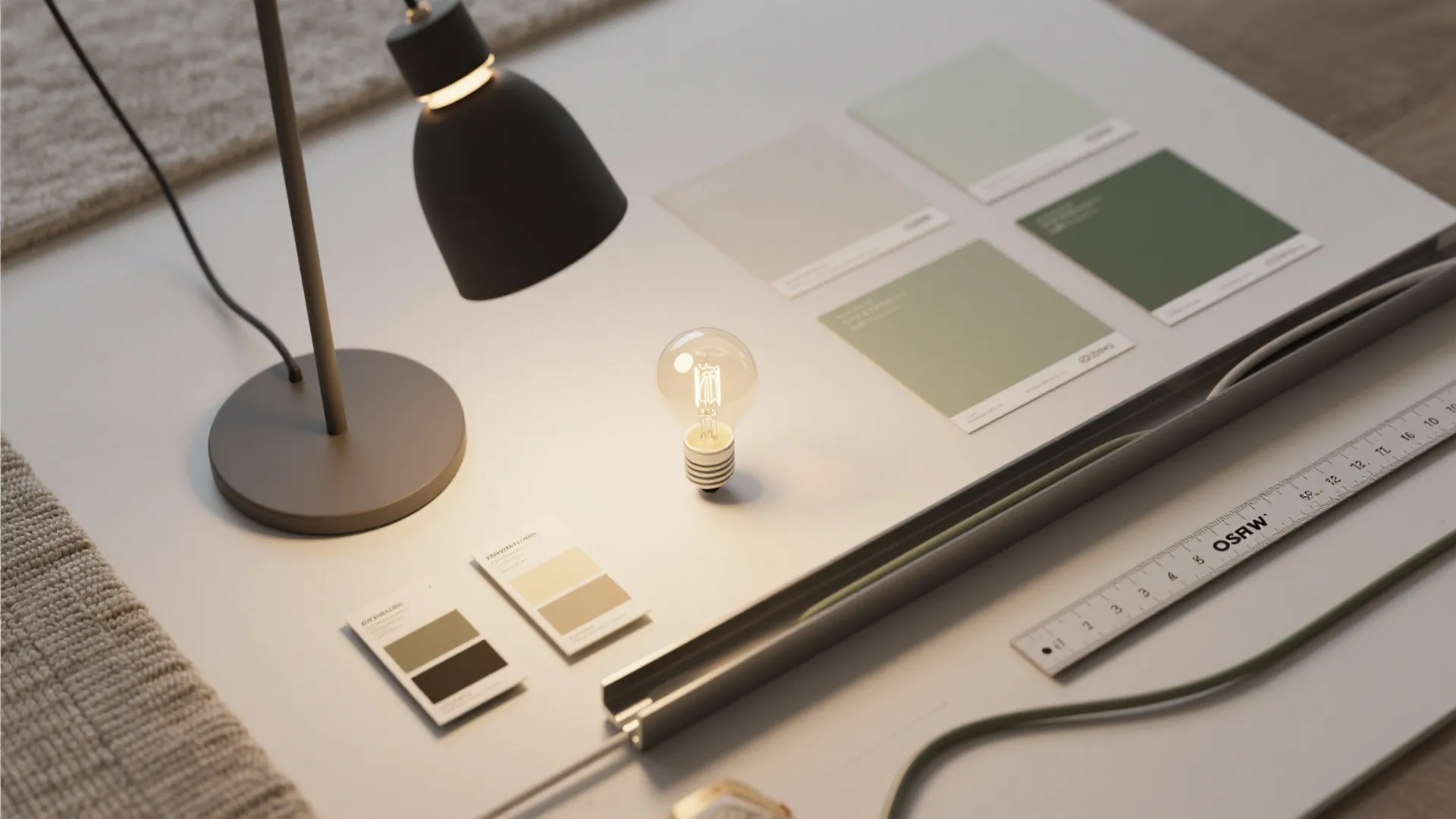 Flatlay of lamp planning items: bulb color swatches, base samples, cable channel and measuring tape for small-space setup.