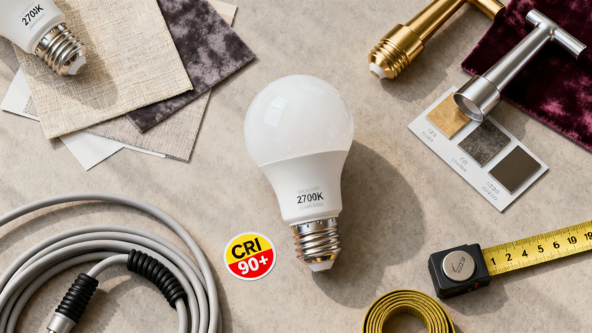 Flatlay of lamp styling tools: warm bulbs, fabric swatches, metal finish samples, measuring tape and cord covers.