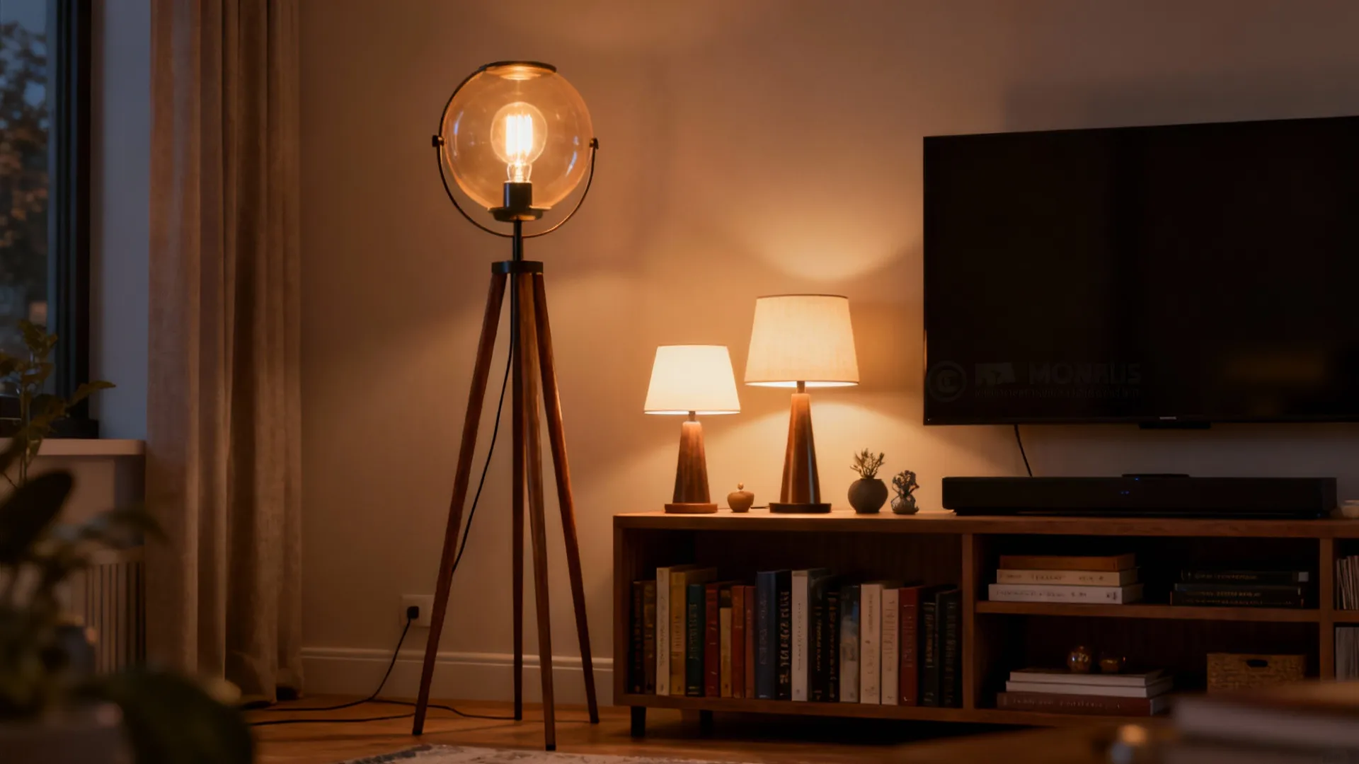 Floor lamp grouped with table lamps near a bookshelf creating layered, cozy lighting