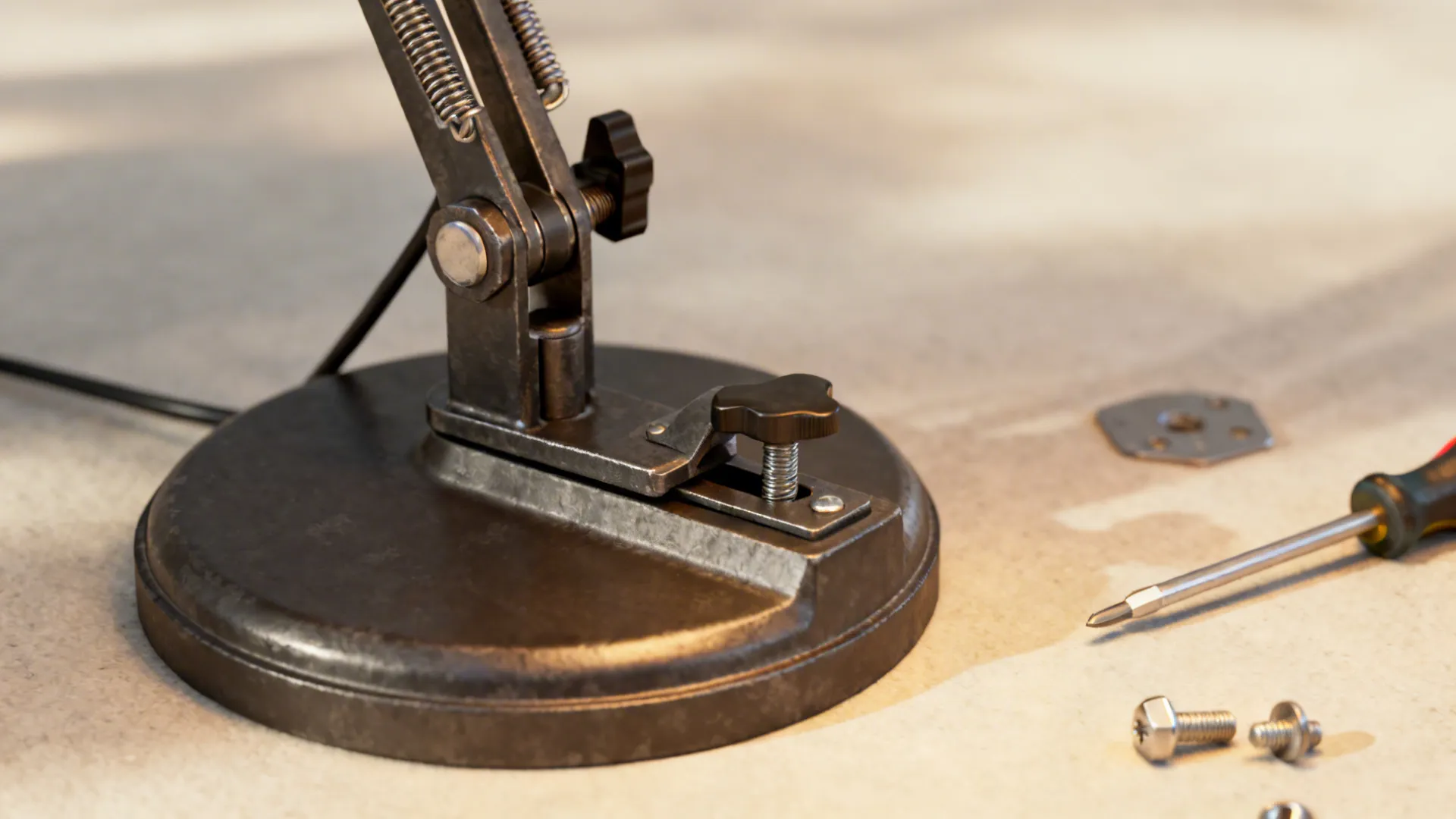 Close-up of lamp hardware showing sturdy base, hinge and mounting tools