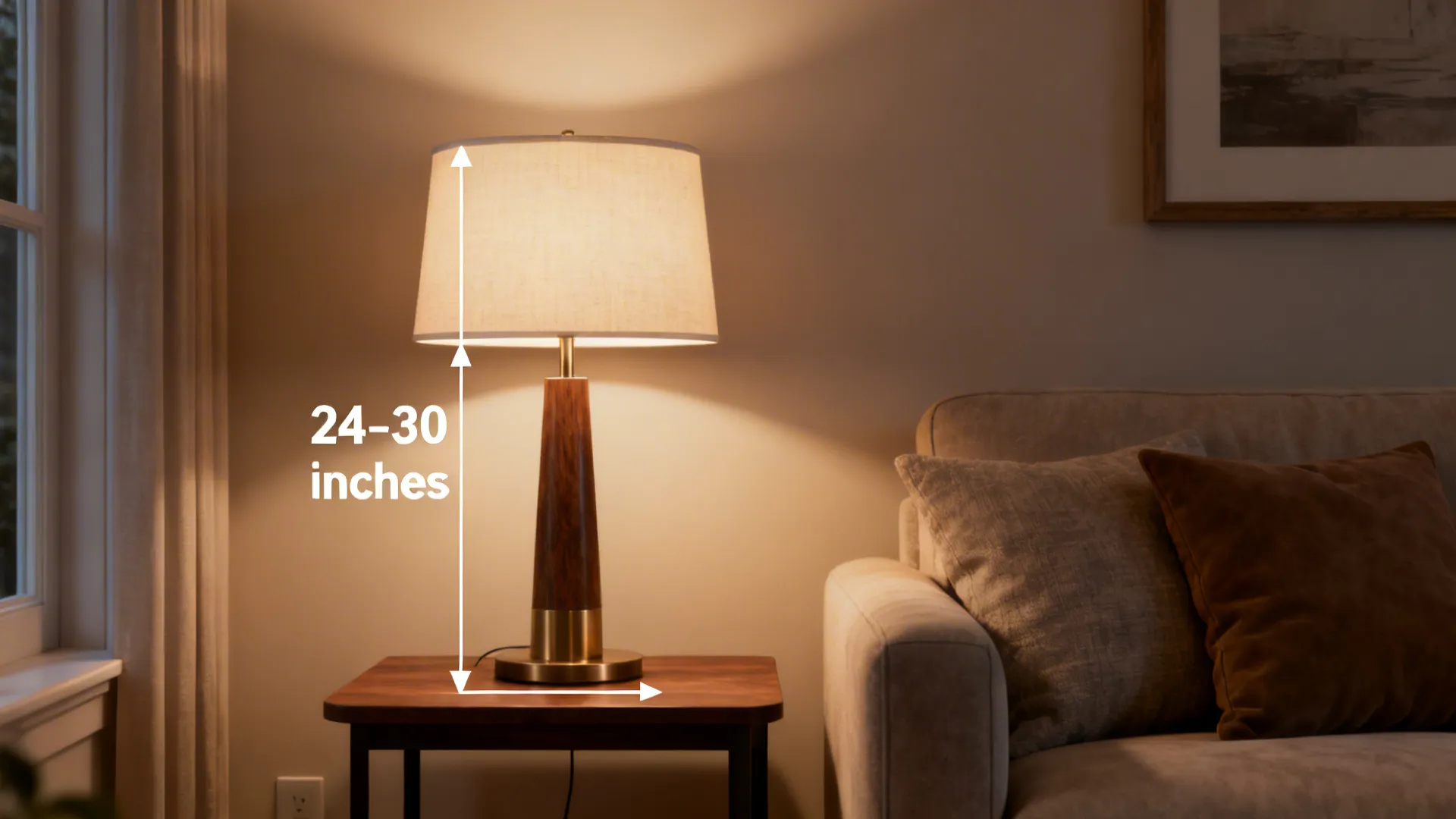 Table lamp beside sofa showing recommended shade height for comfortable reading
