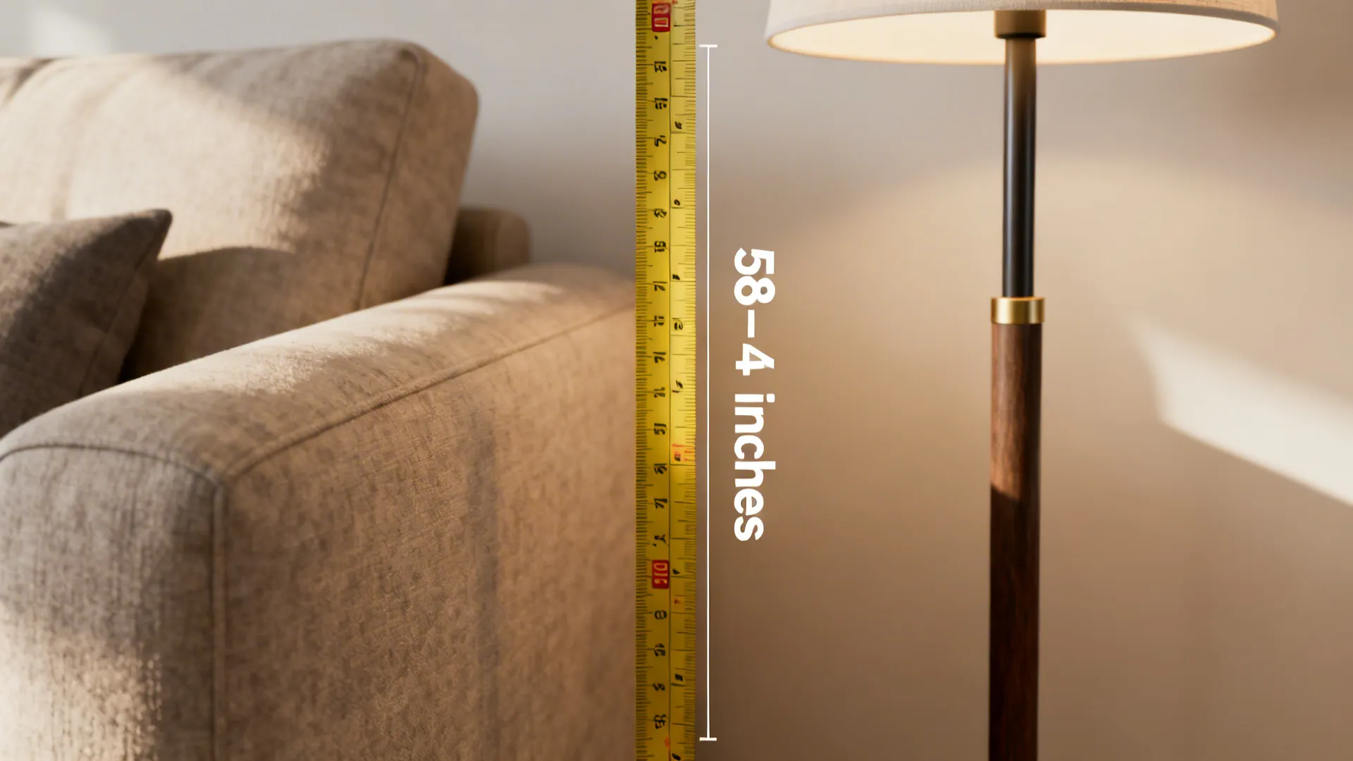 Measuring tape beside a floor lamp next to a sofa showing recommended height for comfortable reading light.