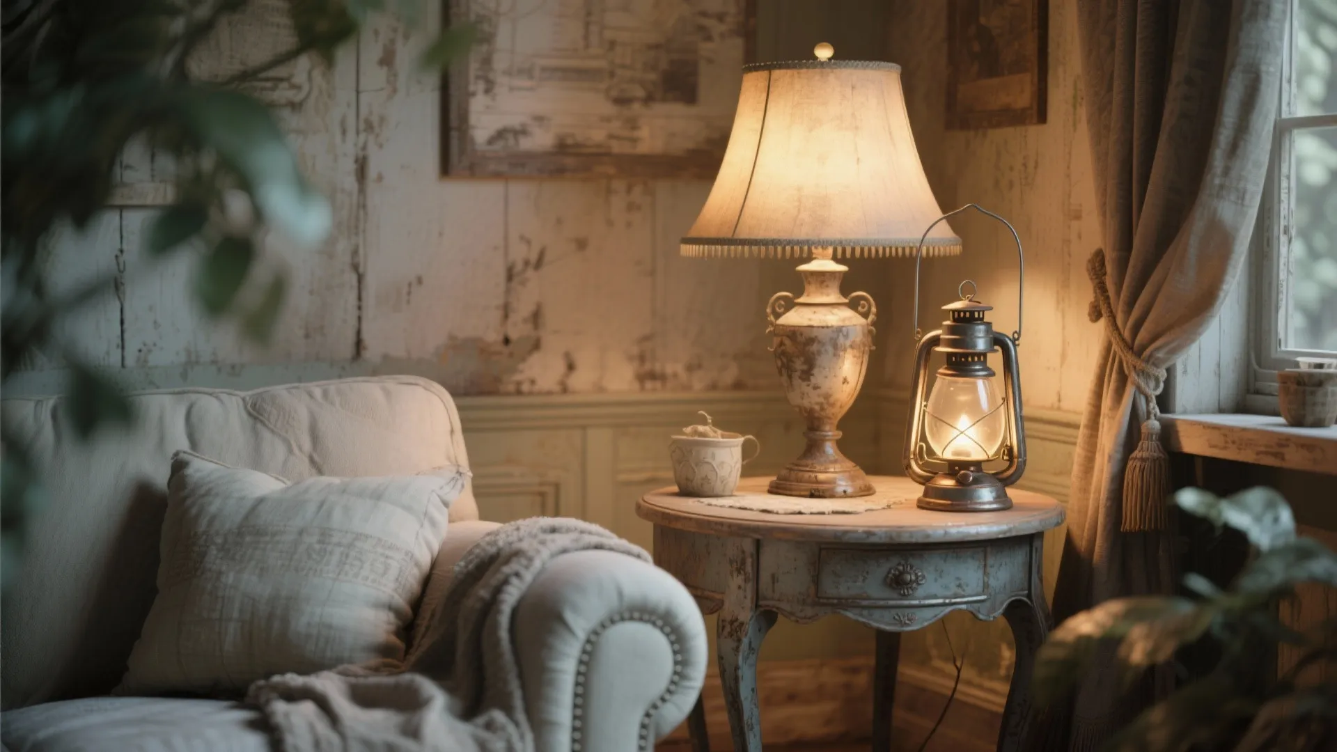 Vintage table lamp and lantern in cozy shabby chic living room